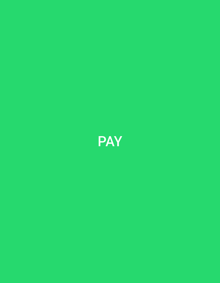 The image features a solid, uniform green background, resembling a bright emerald or spring green. Centered horizontally and positioned slightly above the vertical midpoint of the frame, the word "PAY" is rendered in white, uppercase, sans-serif lettering. The white text provides strong contrast against the vibrant green backdrop. There are no other objects, people, or discernible actions depicted within the frame. The scene is an abstract digital graphic or interface, set in Casablanca, Morocco.