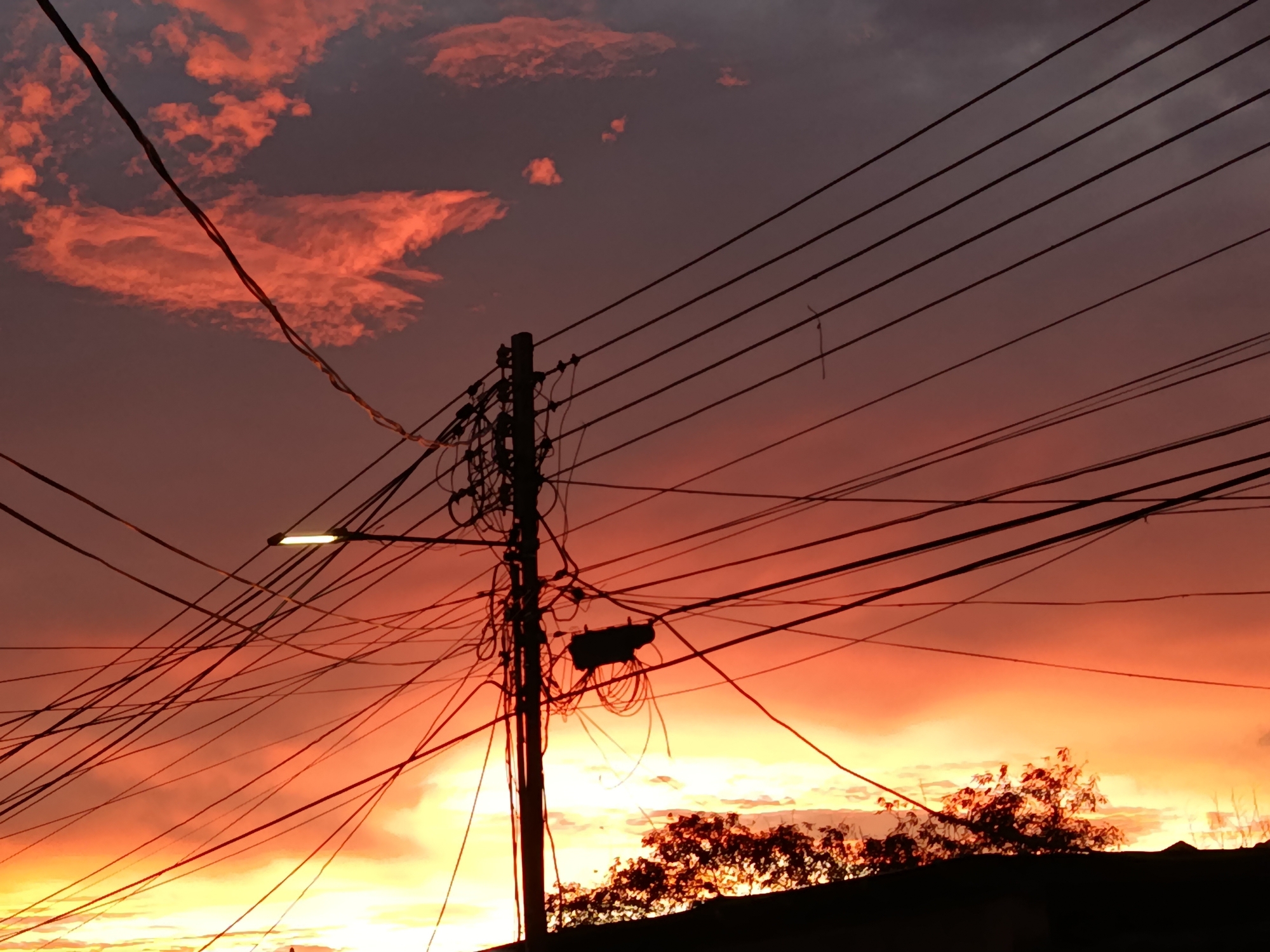The image depicts a vibrant sunset over Juan Griego, Venezuela, as viewed through a dense network of power lines. A silhouetted utility pole, heavily laden with wires and junction boxes, stands prominently in the left half of the frame. A street light is illuminated on the pole. The sky transitions from a deep purple at the top to fiery oranges and yellows at the horizon, with scattered clouds reflecting the intense colors. The foreground is dominated by the dark silhouettes of trees and rooftops. The scene captures the juxtaposition of urban infrastructure against the dramatic natural beauty of the sunset.