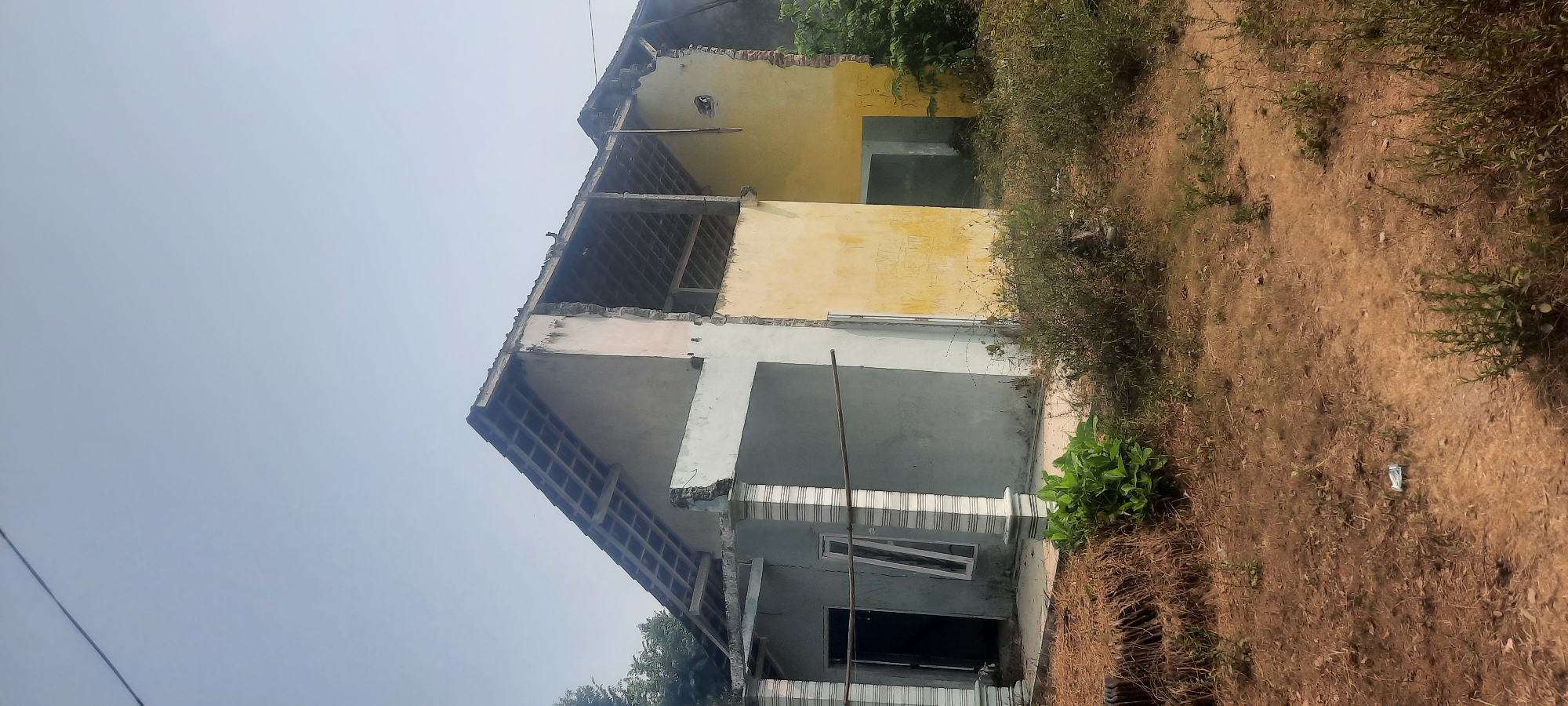 The image depicts a partially destroyed building, likely in Ploso, Indonesia, under a clear, pale blue sky. The building appears to be a two-story structure with a visible roof structure. The walls are partially crumbled, revealing the internal framing and exposed sections of brickwork. One section of the building is painted light blue, and another is yellow. Several doorways and windows are visible, some of which appear to be intact while others are obscured by debris or the damaged structure.
In the foreground, there is dry, brown vegetation, including what appears to be dried palm fronds or similar material stacked on the left. There are also patches of green plants and weeds growing around the base of the building and in the surrounding ground. The ground itself is primarily dirt and dry grass. A single piece of white litter is visible on the ground in the lower center of the image. A thin dark wire is visible stretched across the upper left corner of the image, and another horizontal dark rod is present across the facade of the building. There are no people visible in the image. The overall impression is one of disrepair and abandonment.
