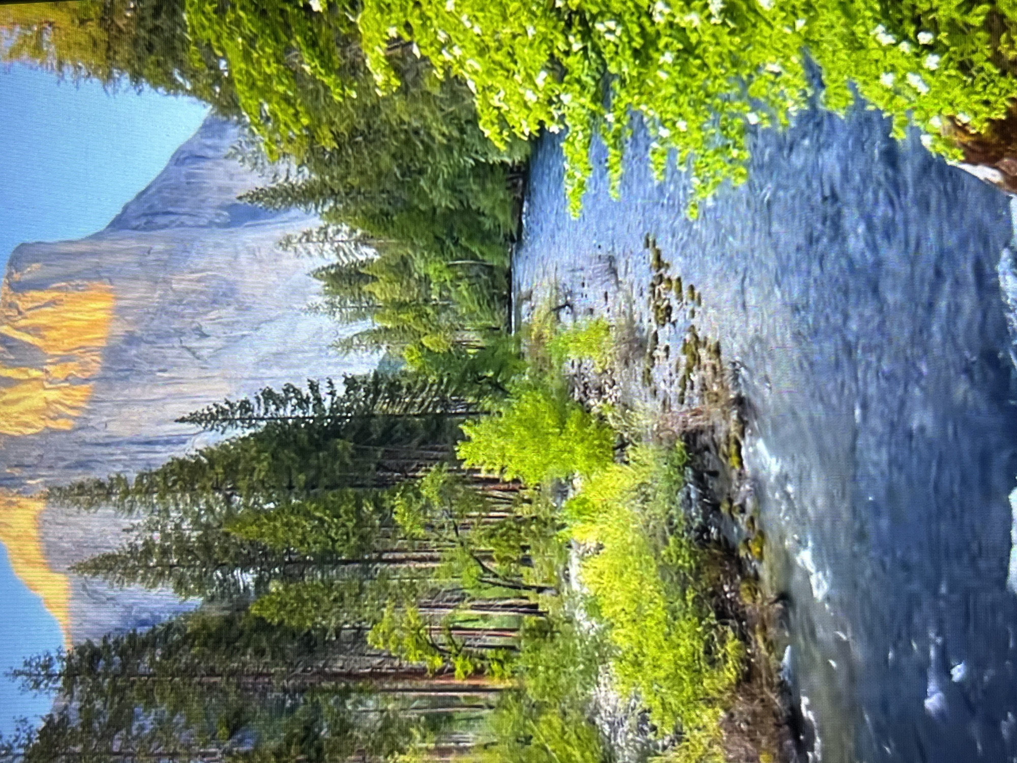 The image shows a landscape with a river flowing alongside a forest and a tall, rocky mountain in the background. The river is flowing from the top right to the bottom right corner. The trees are lush and green. The mountain has a steep, imposing face catching the light. The location is not in Tinaquillo, Venezuela. It appears to be Yosemite Valley, California.