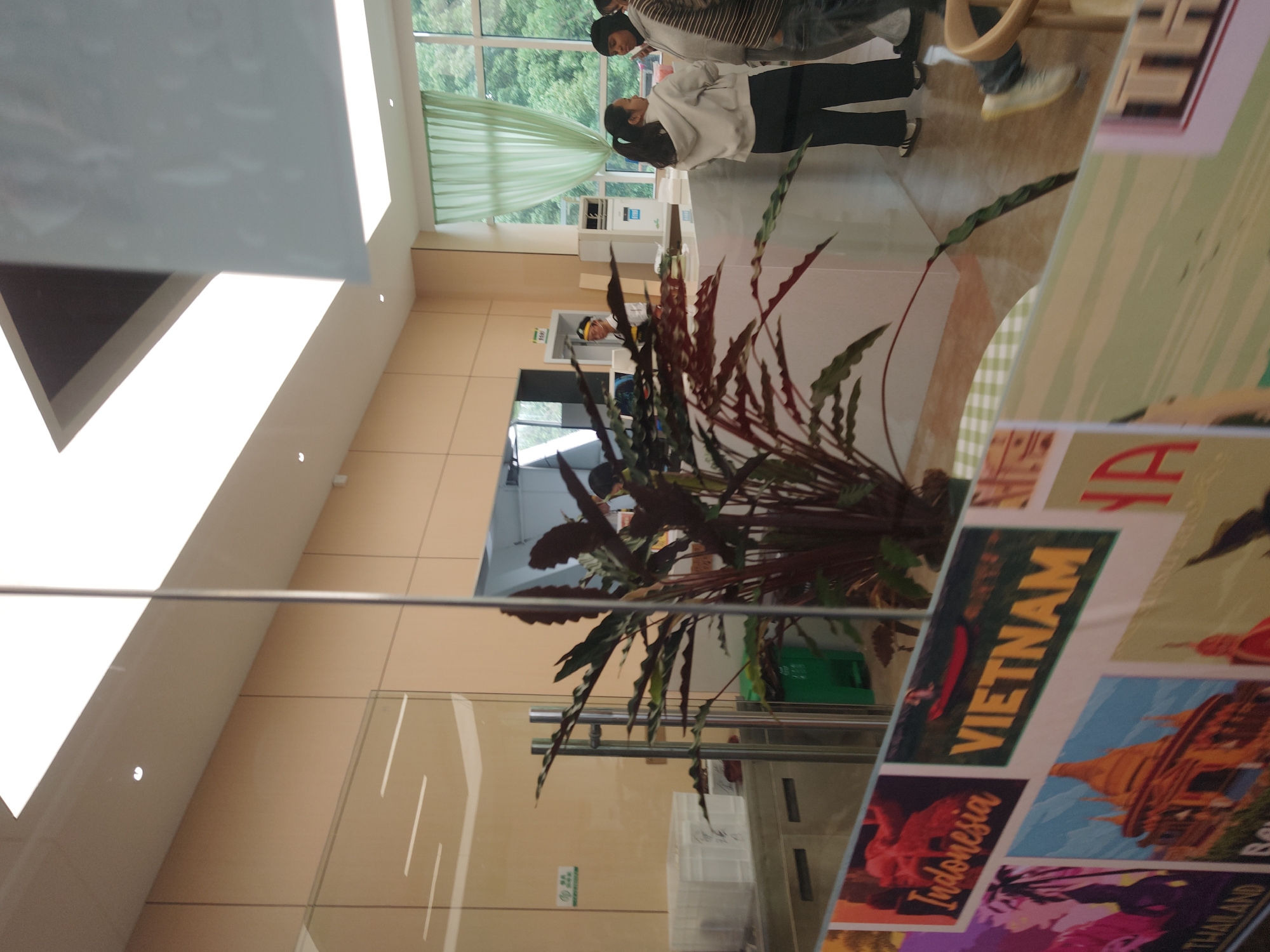 The image shows an indoor scene in the Chongqing High-tech Zone, China. In the foreground, there is a large plant in a pot near a glass partition. Promotional posters featuring "Vietnam" and "Indonesia" are displayed. In the background, through a doorway, people are visible, including an individual wearing what appears to be a security uniform. A window with sheer curtains is visible, and several other people are in this area. The location appears to be a public space.
