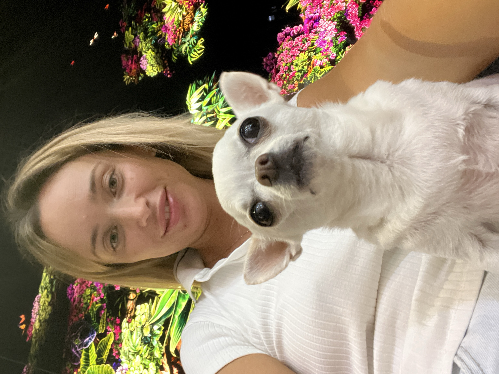 In a close-up, selfie-style photograph taken indoors, a woman with blonde hair and green eyes is centered, looking at the camera with a slight smile. She is wearing a white, ribbed polo shirt. To her right and slightly in front of her, a small white chihuahua dog with large dark eyes is positioned, also looking towards the camera. The background features a dark wall adorned with a vibrant, colorful mural depicting tropical plants and flowers, with hints of pink, green, and yellow. The lighting is bright, highlighting the subjects. The image does not provide any specific details about the city of Odesa, Ukraine, or its geographical location.