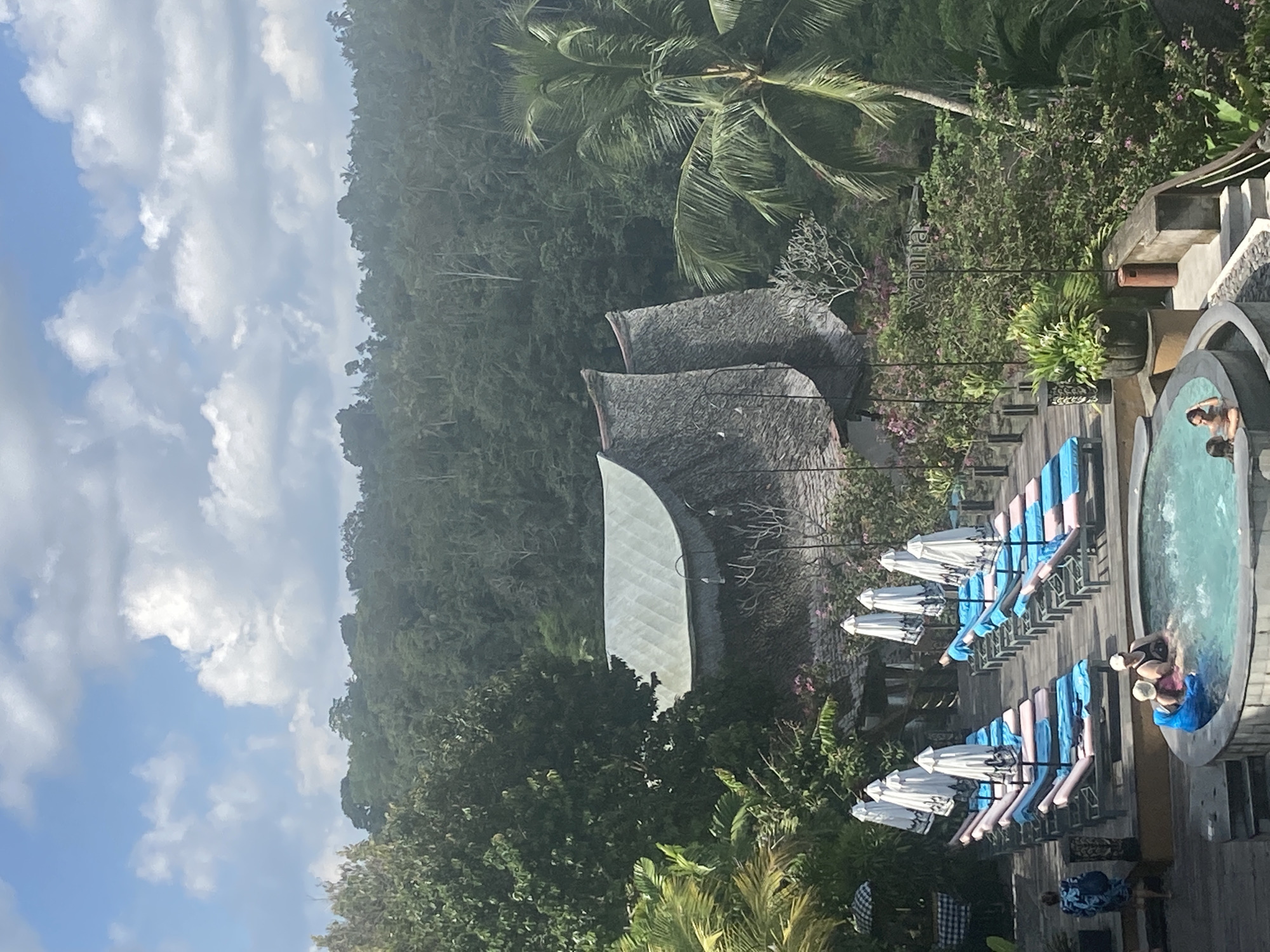Captured from an elevated position, the image presents a scene set in Unknown, Unknown, featuring a pool area adjacent to a lush, forested landscape. The pool, oval in shape, contains several individuals enjoying the water. Around the pool, lounge chairs are arranged under white and blue umbrellas. Adjacent to the pool and lounge area are buildings with distinctive thatched roofs. The surrounding environment is dense with trees and foliage, with glimpses of the sky visible above.