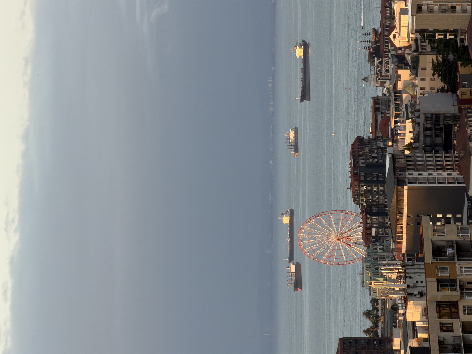 The image is a vertical, high-angle shot of the Batumi, Georgia coastline at sunset. In the foreground, a dense cluster of multi-story buildings with varied architectural styles and colors fill the lower portion of the frame. Some buildings exhibit signs of construction or disrepair, with exposed concrete and unfinished facades, while others appear more modern and complete. A large, white Ferris wheel with red accents is prominently positioned in the mid-ground, situated between the city buildings and the sea.
The sea occupies the middle and upper sections of the image, appearing relatively calm. Several large cargo ships are visible on the water, spread across the frame. In the far distance, a hazy cityscape is discernible along the horizon, with faint structures suggesting a larger urban area. The sky above is dominated by a large, dark, cloudy mass, with a strip of lighter sky and soft clouds visible at the very top edge of the image. The lighting suggests it is either early morning or late afternoon, with the sun casting a warm glow on some of the buildings and the sea. No people are clearly visible in the scene.