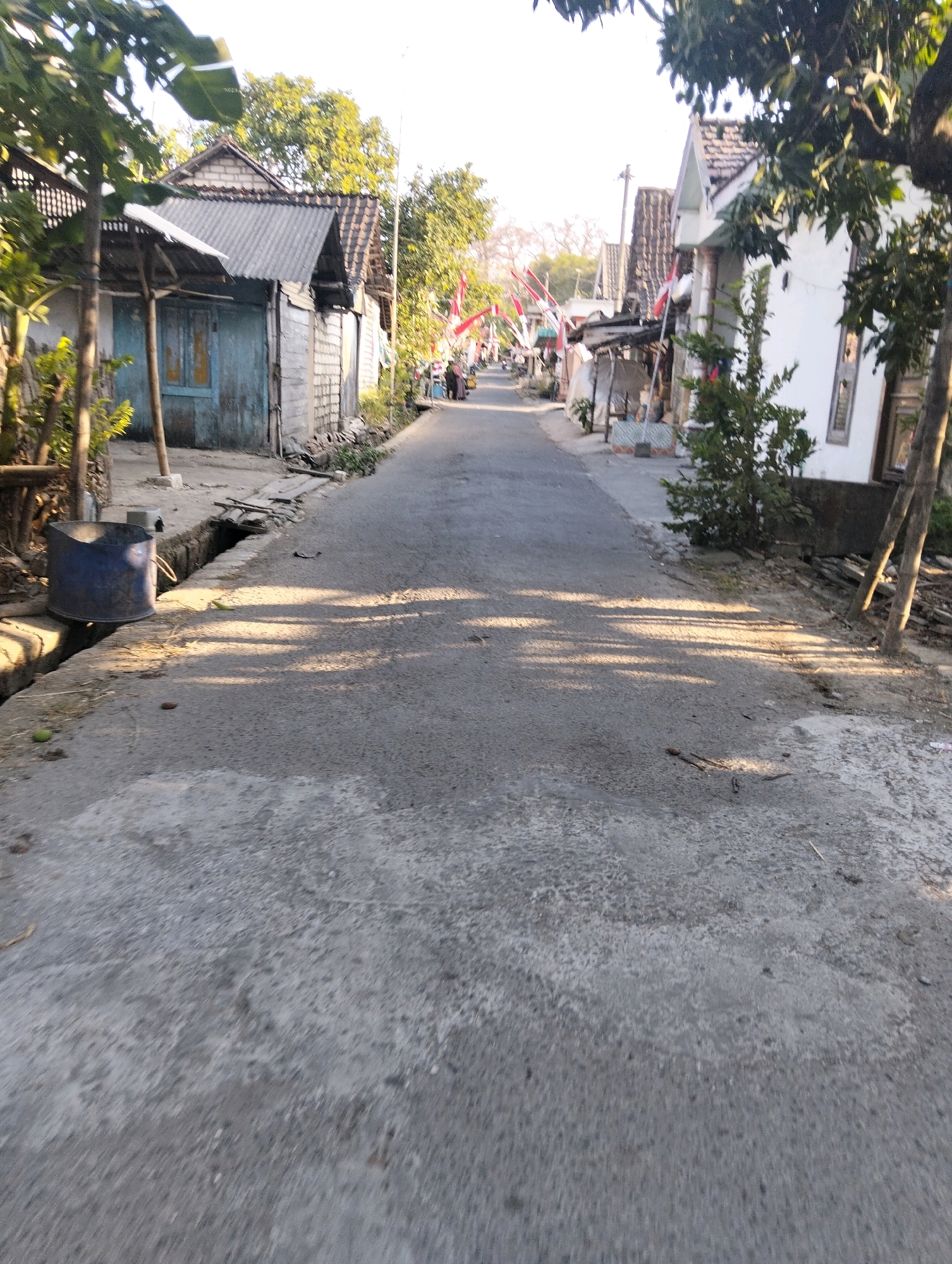 The image depicts a rural street in the city of Drajat, Indonesia. The street is paved with asphalt and is lined with modest houses on both sides. The houses appear to be made of concrete and wood, with corrugated metal roofs. Some of the houses are painted white, while others are unpainted or have weathered exteriors. There are trees and vegetation along the street, and some houses have flags or banners displayed, suggesting a celebration or holiday. A blue barrel is visible on the side of the road, near a drainage ditch. The sun is casting long shadows across the street, indicating it is likely morning or late afternoon. There are no people clearly visible in the foreground, but some figures can be seen in the distance walking along the street. The overall scene conveys a sense of everyday life in a developing area.