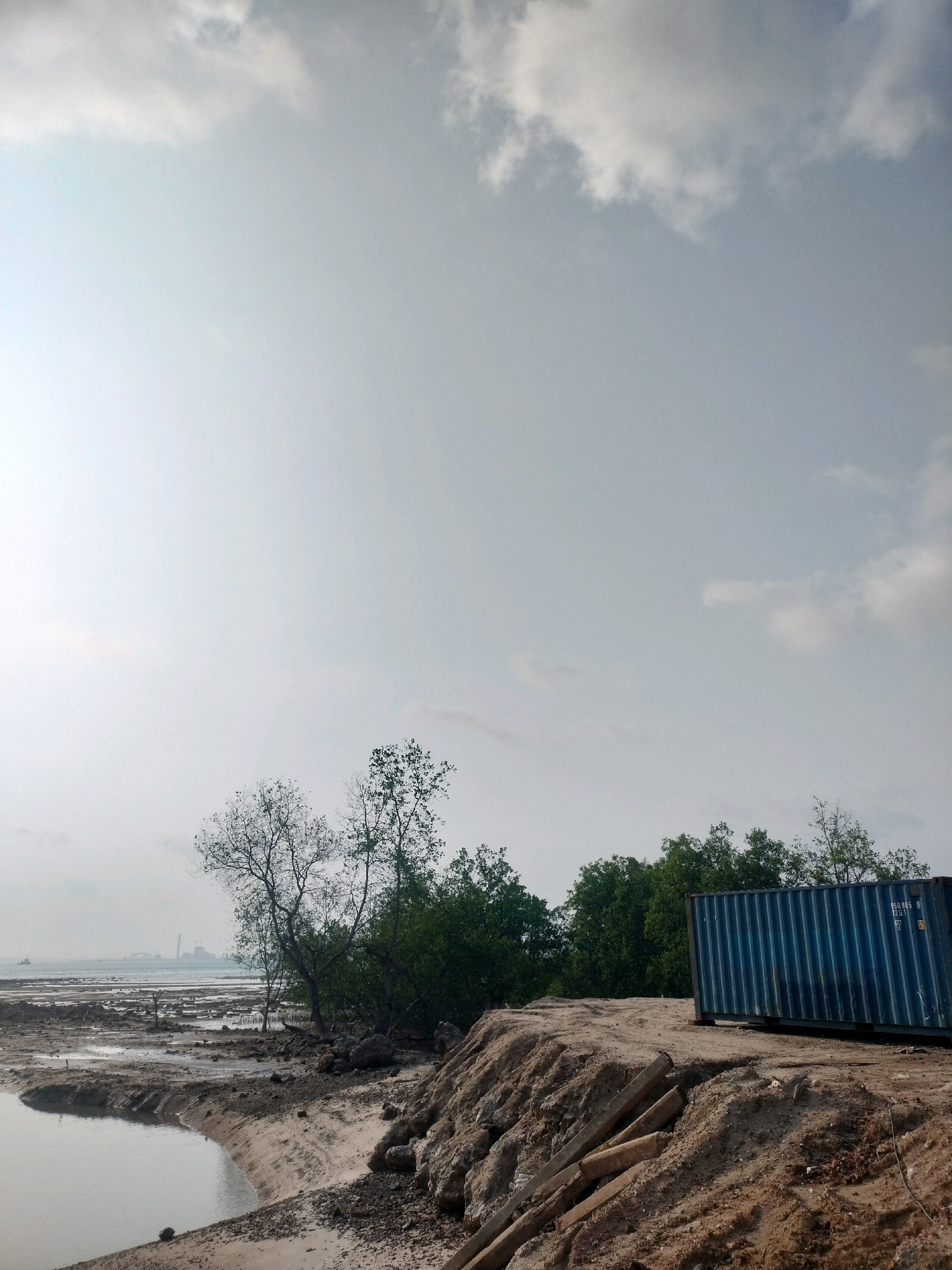 This image depicts a coastal landscape in Batam, Indonesia, characterized by a shoreline with exposed mudflats and scattered debris. In the foreground, a body of water curves along the sandy bank, where several pieces of wood are visible. A steep, eroded embankment rises to the right, topped by a blue shipping container. Behind this, a line of trees, including both leafy and bare varieties, forms a backdrop. In the distance, the seascape stretches out, with industrial structures, including smokestacks and cranes, dotting the horizon, suggesting a port or industrial zone. The sky is overcast with scattered clouds, and the overall atmosphere is hazy. There are no people or animals visible in the scene.