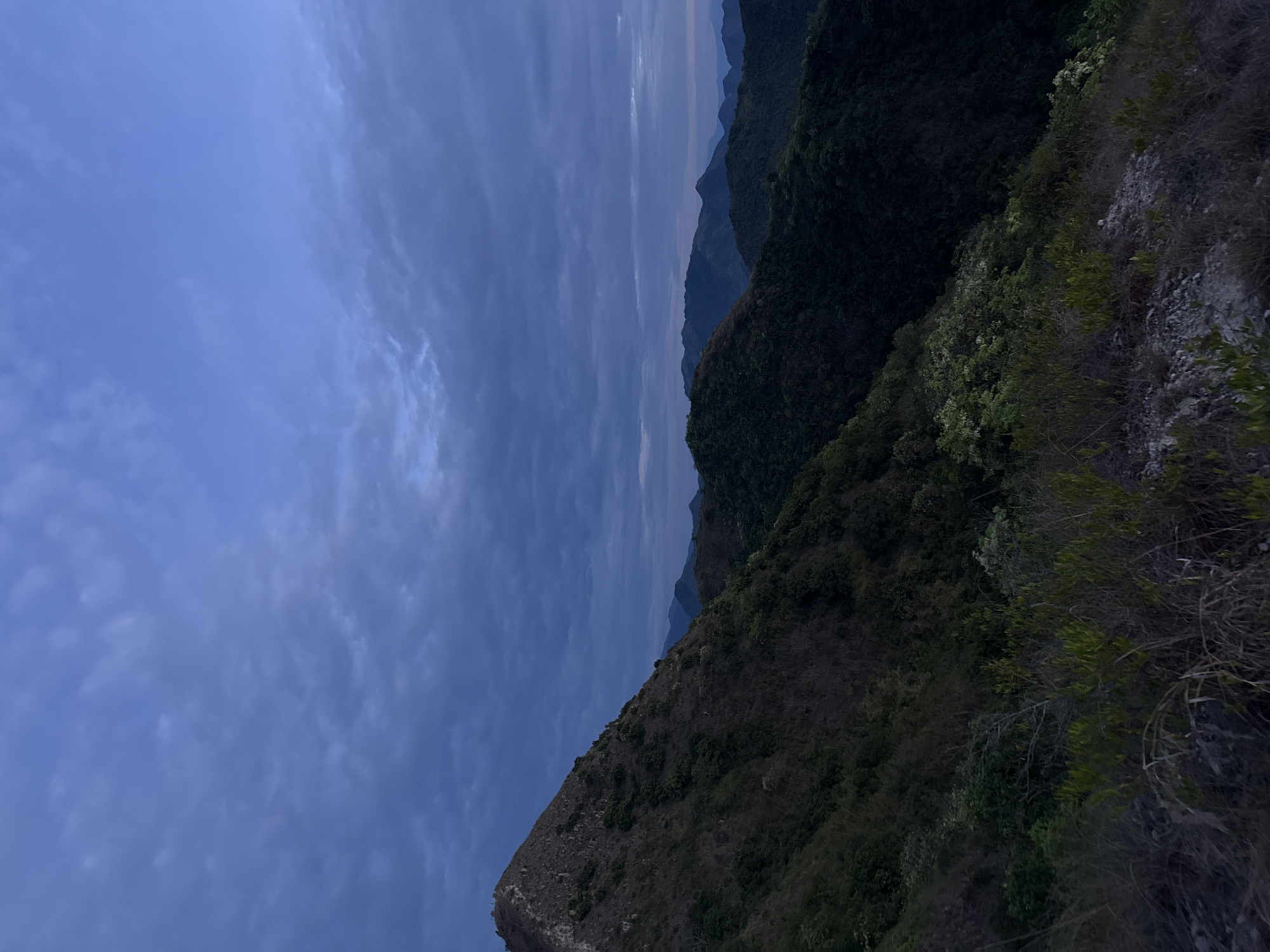The image is a landscape of hills and sky in Bac Nha Trang Ward, Vietnam. The foreground shows a hillside covered in dark green vegetation and scattered dry plants. The sky is a gradient of blue, with wispy clouds streaking across it. The mountains in the background fade into a hazy blue distance. The lighting is dim, suggesting either early morning or late evening. There are no people or discernible actions in the frame. The dominant colors are blue and green.