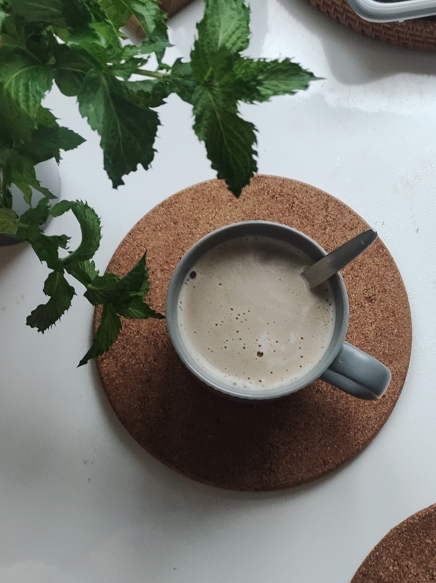 An overhead, slightly angled view shows a grey mug filled with a frothy, light brown beverage, possibly coffee or tea with milk, resting on a round, brown cork coaster. A silver spoon is partially submerged in the drink. To the left of the mug, green mint leaves are visible, some appearing to be in a pot or vase which is out of frame. The objects are placed on a white surface, likely a table. In the background, to the upper right, a woven placemat can be partially seen. The lighting suggests an indoor setting, possibly a kitchen or dining area. There are no people present in the image. The scene is devoid of any specific landmarks or clues that would indicate its location within Chaikovsky, Russia.