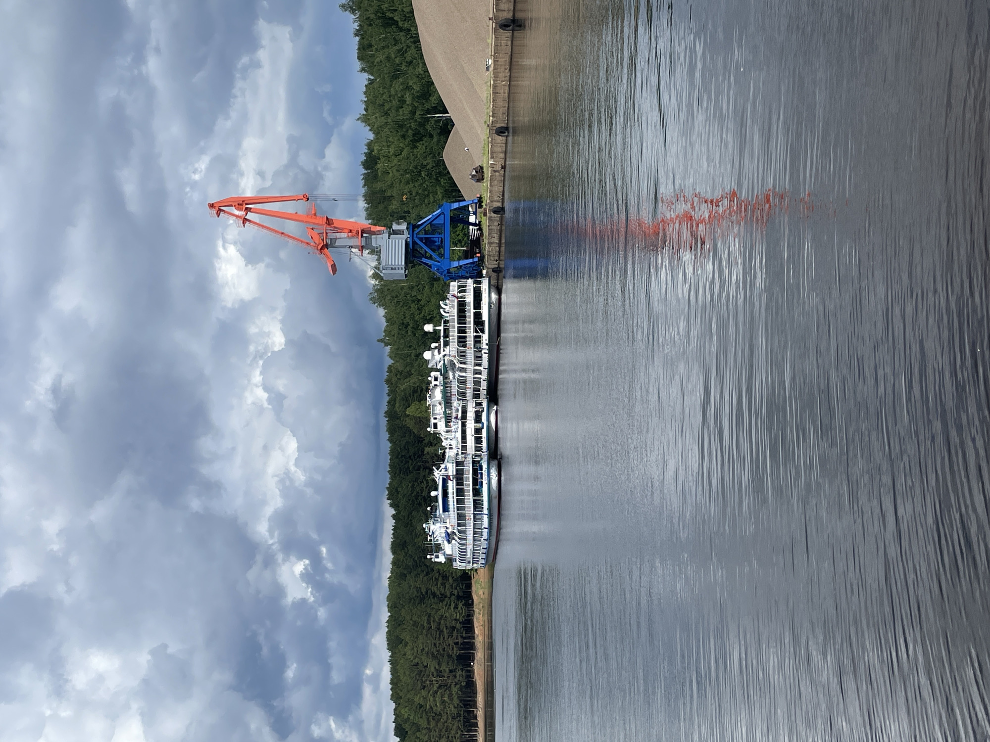 A wide-angle, vertically-oriented outdoor shot depicts a scene along a waterway, likely a river or large canal, under a cloudy sky. On the left side of the frame, a large industrial crane, predominantly orange with a blue base and gray cabin, stands prominently on the bank. Its long arm extends upwards and slightly towards the right. Below the crane, multiple white, multi-deck passenger boats, resembling river cruise ships, are moored side-by-side along the quay.
The water surface, occupying the lower half of the image, shows rippled reflections of the sky and the distinctive orange arm of the crane, appearing as a blurred red streak. The opposite bank features a dense line of dark green trees, hinting at a natural or forested environment. Between the trees and the water, behind the crane, there's a large pile of light brown material, possibly sand or gravel, indicating a loading or storage area. Dark rubber fenders are visible along the concrete edge of the quay. The sky is largely overcast with varying shades of gray and white clouds, suggesting a temperate day without direct sunlight. No people or visible text are discernible in the image. The overall setting combines elements of industrial port activity with the presence of leisure or passenger vessels against a natural backdrop.