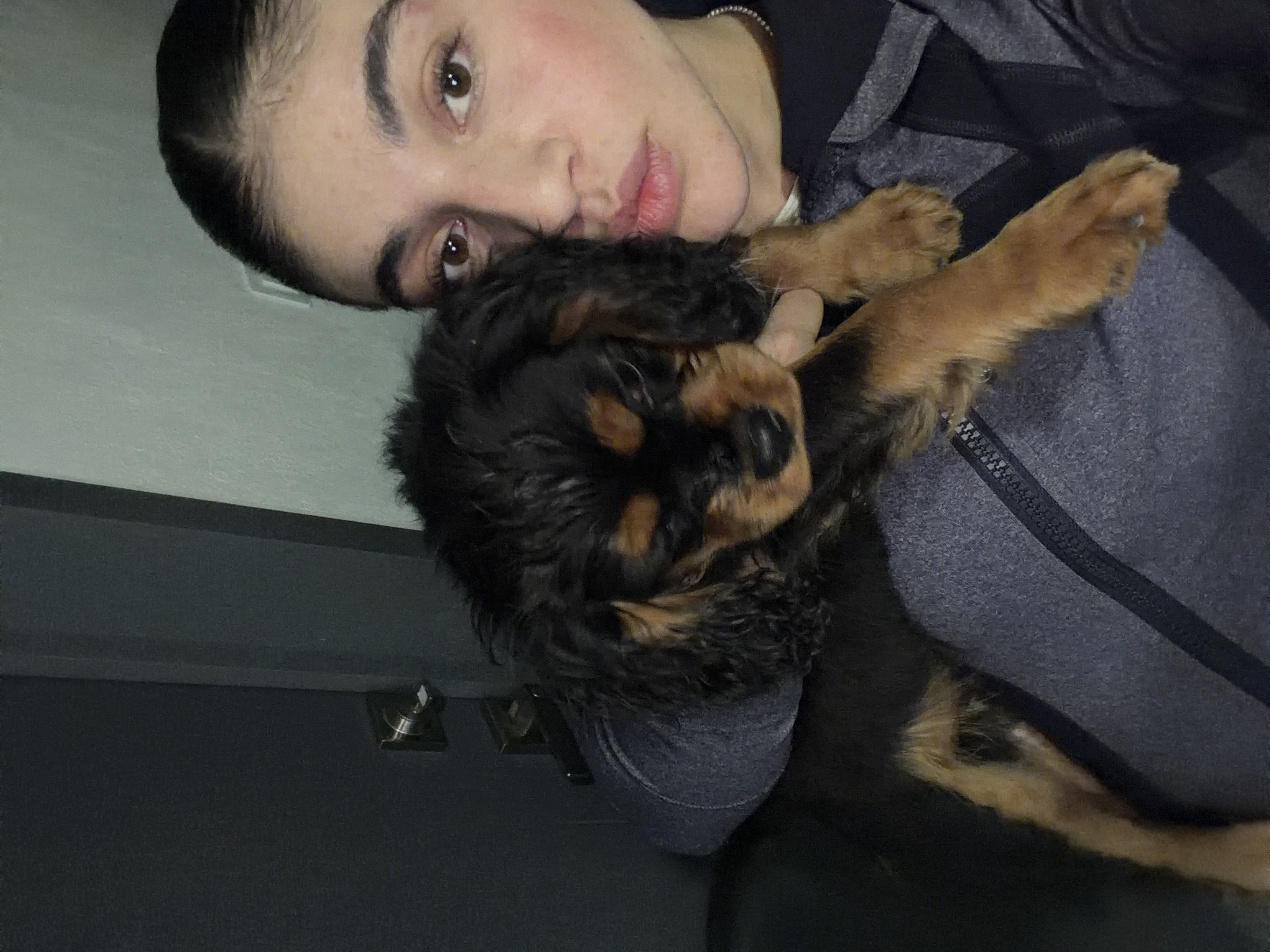 A person with light skin and brown eyes is holding a Cavalier King Charles Spaniel puppy. The person has dark hair pulled back. The puppy has a black and tan coat. They are indoors against a light-colored wall with a dark door and a door handle visible in the background. The image appears to be taken indoors. There is no discernible information connecting the image to Puebla, Mexico.