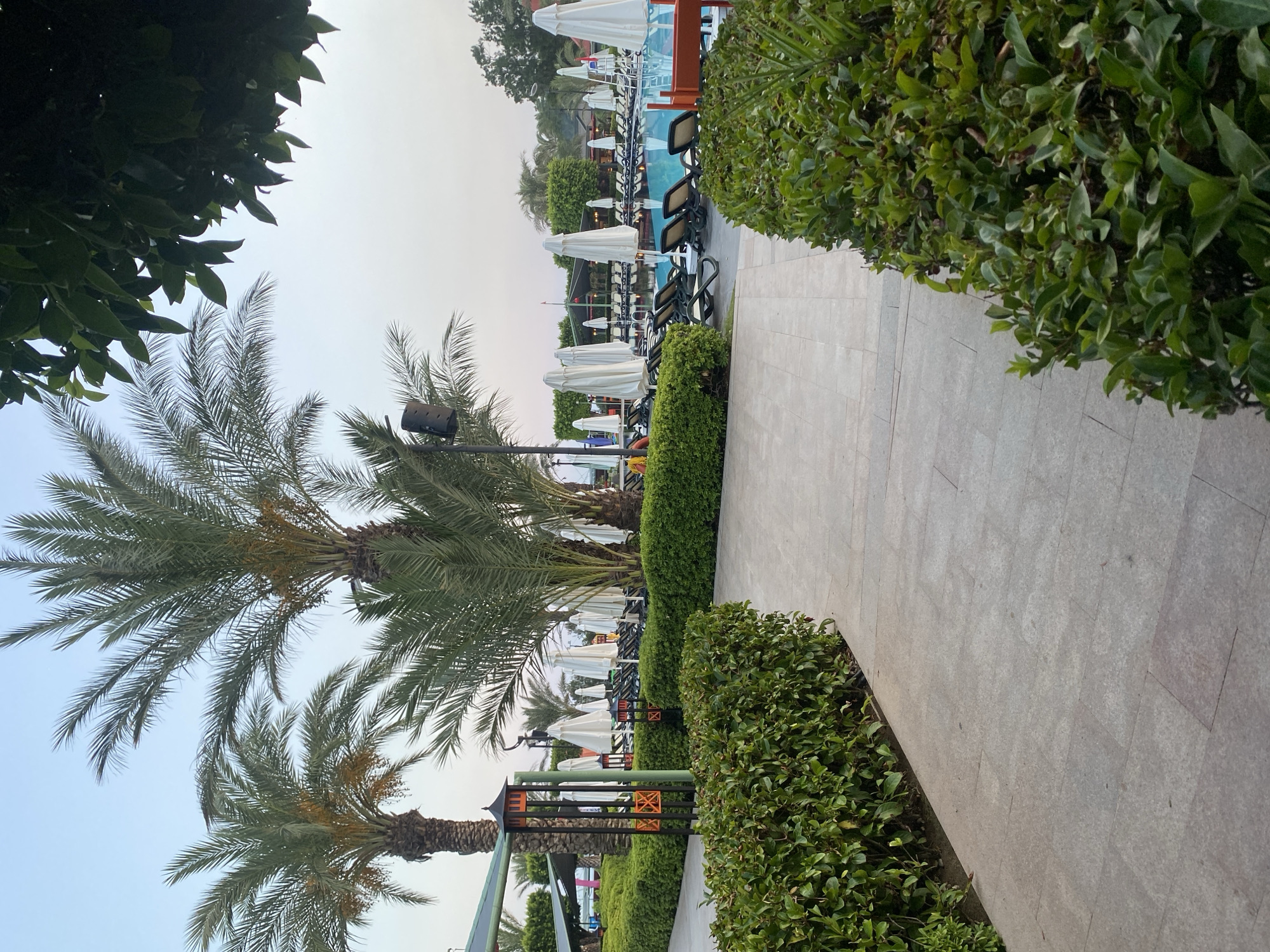 This is a photograph of a resort swimming pool area in Aksu, Turkey, at dusk. The image captures a paved walkway leading towards a large swimming pool, surrounded by neatly trimmed green bushes and palm trees. The pool is empty, with rows of closed white umbrellas and lounge chairs set up around its perimeter. A few decorative lanterns are visible along the pathway, and a speaker is mounted on a pole near a palm tree. The sky is overcast and light-colored, indicating either early morning or late evening. There are no people visible in the scene. The overall impression is one of a quiet, well-maintained outdoor recreational space.