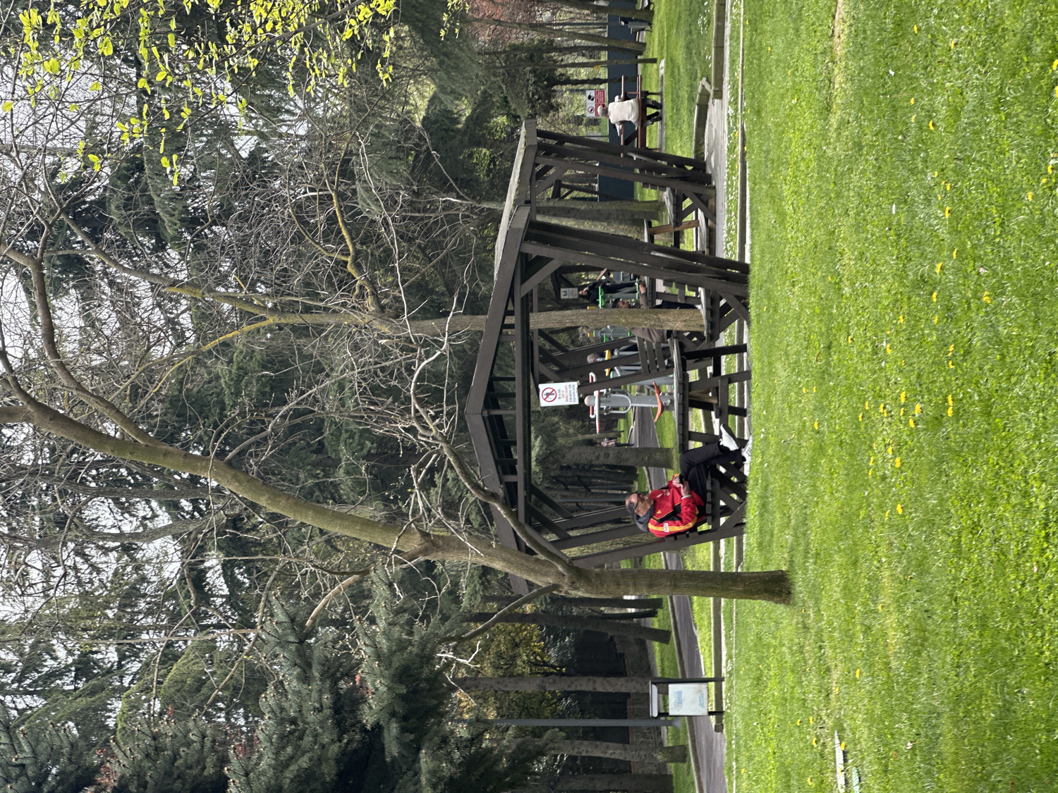 This media file captures a lively park scene, likely in Esenyurt, Turkey, characterized by verdant greenery and various recreational elements. The image is oriented vertically (rotated 90 degrees counter-clockwise), showing a wide expanse of grass on the right and a dense arrangement of trees and a wooden structure on the left.
The central subject is a large, dark-stained wooden open-sided shelter or gazebo, featuring multiple sections with benches and tables. Inside this structure, several people are present. In the mid-ground, a person wearing a prominent red and black jacket is seated on a bench, seemingly engrossed with a handheld device. Further within the shelter, other individuals are visible, including one person in a light-colored top sitting on a bench in the background. Scattered throughout the wooden structure and nearby are various pieces of outdoor exercise equipment, such as a stationary bicycle and other fitness apparatus.
The natural setting includes numerous trees, some with bare branches and others showcasing new, light green leaves, suggesting springtime. Dense evergreen trees, likely conifers, form a substantial part of the background foliage. The ground is covered in lush green grass, peppered with small yellow flowers, possibly dandelions.
Notable details include a white sign with a red circle and a diagonal line, indicating a prohibition, positioned near the exercise equipment. A paved path winds through the park, and a small, unreadable information sign on a post is located beside it. The time of day appears to be daytime with an overcast but bright sky, reflecting a calm atmosphere suitable for outdoor leisure. No specific emotions are discernible, but the scene suggests a public space for relaxation and exercise.