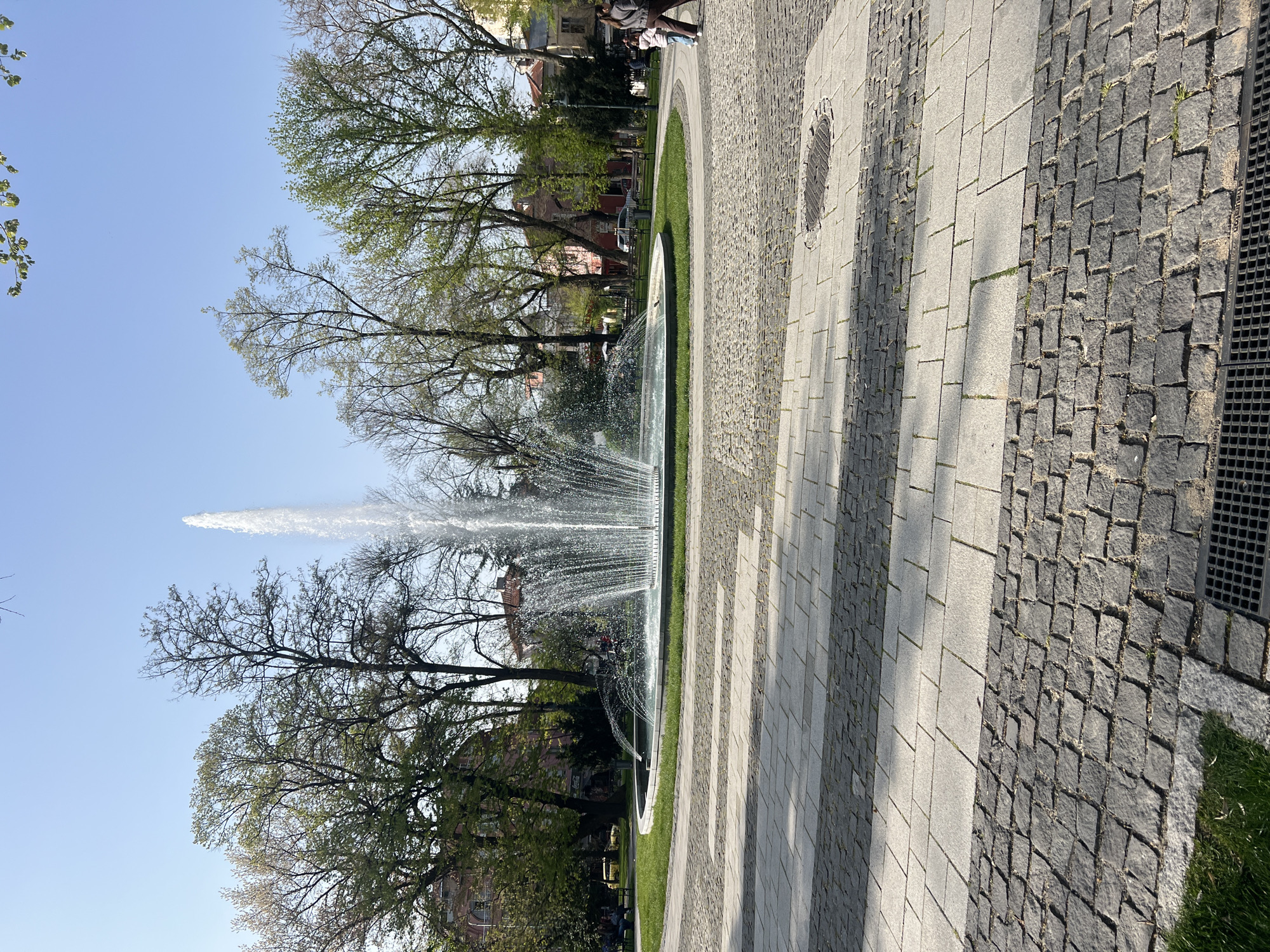 A fountain in Plovdiv, Bulgaria, is the focal point of the image. The fountain is circular and has a central jet of water shooting high into the air. The fountain is surrounded by a green lawn and trees. The ground around the fountain is paved with grey bricks in various patterns. In the background, buildings can be seen through the trees. People can be seen walking and sitting on benches in the park surrounding the fountain. The sky is clear and blue.