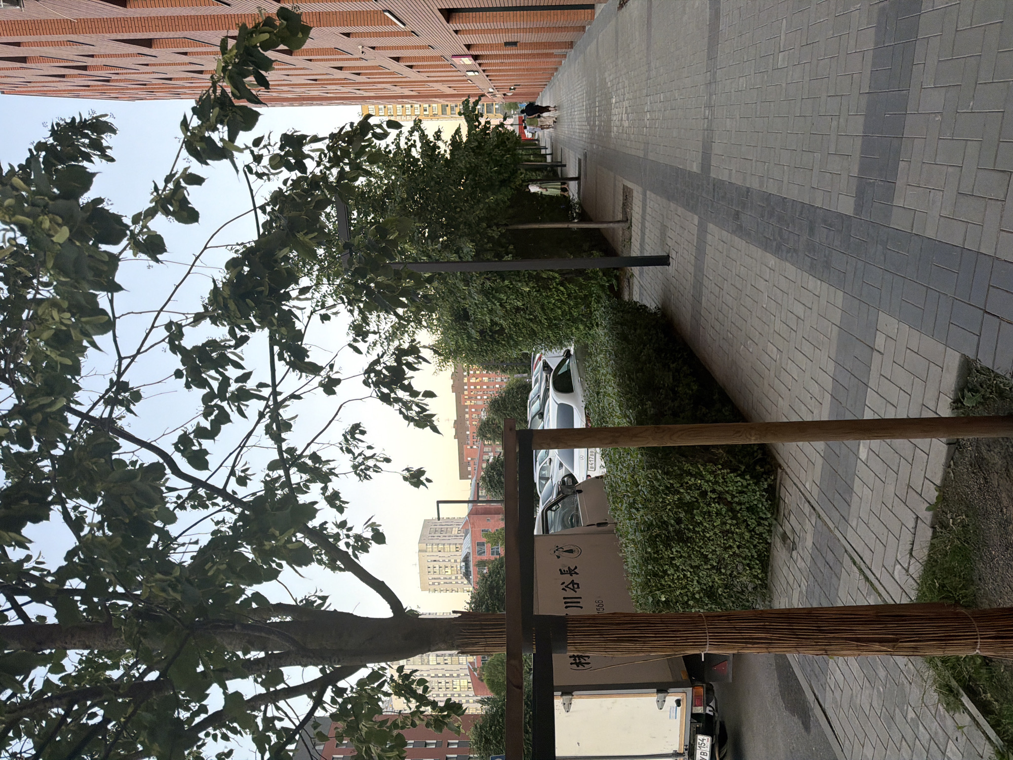 An exterior, eye-level, full-shot shows a paved sidewalk running alongside a modern brick building with a geometric pattern on its facade. The sidewalk is constructed of light gray and dark gray pavers laid in a herringbone pattern. On the left side of the sidewalk is a row of manicured green bushes, and beyond that, a street with parked cars, including a white delivery truck with Japanese characters on its side. Trees with green leaves line the sidewalk, some with lamps attached to their trunks. In the distance, residential buildings of varying heights are visible. Two people are walking their dogs on the sidewalk. The sky is clear and light blue. The scene appears to be in a well-maintained urban area.