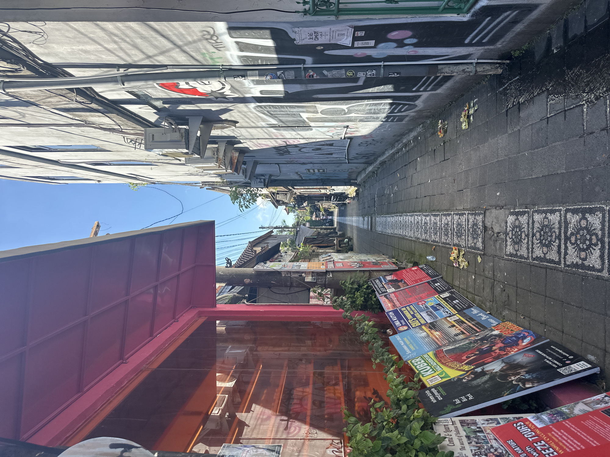 The image depicts a narrow, sunlit alleyway in the city of Ubud District, Indonesia. On the left, a vibrant pink awning extends over the storefront of a building with large windows showcasing an interior with shelves. In front of the storefront, several colorful promotional posters are displayed upright. Lush green plants grow along the base of the building. The alleyway itself is paved with dark gray cobblestones, with decorative patterns visible on some of the stones. On the right side of the alley, a gray building wall is covered in large, stylized graffiti. Several air conditioning units are mounted on the wall, along with various electrical conduits and wires. A tall utility pole stands near the center of the alley. Small offerings of flowers and folded leaf packages are scattered on the ground in the middle of the alley. The sky above is a clear, bright blue. The perspective of the image draws the viewer down the alley, suggesting a sense of depth and leading towards more buildings and structures in the distance.