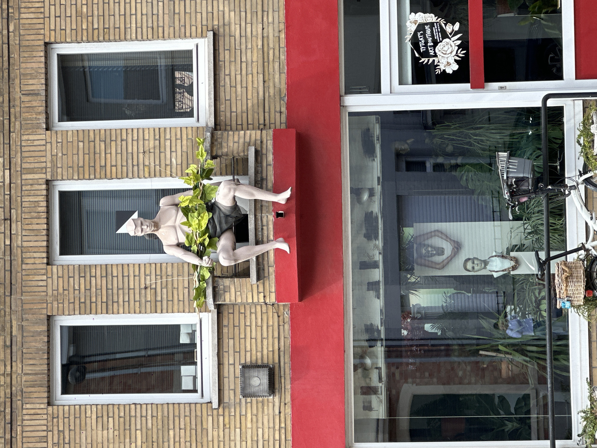 This media file captures a vertical shot of a building's facade, characterized by its textured brickwork and contrasting red architectural elements. A mannequin, partially visible, is posed precariously on a ledge, holding a green vine. The mannequin is light-skinned and appears to be wearing a white cone-shaped hat and dark shorts. One of its legs is extended outwards, with its foot pointing up.
The building features several windows. Two on the brick section are rectangular and have white frames. The upper window shows a reflection of what appears to be an ornate gate or screen. The lower window also shows reflections, including what might be another window with a light fixture.
A prominent red vertical structure runs alongside the brick wall, dividing it from a large glass-paneled section of the building. This glass section reveals the interior, with visible plants, and what appear to be artworks or displays. One display features a white backdrop with two portraits or images of faces, one with arms raised in a geometric pose, and the other with a necklace. Above this, on the glass, a black sticker with white floral graphics and text reads "TYTGATS ART BOUTIQUE".
Outside the glass area, a bicycle is parked, equipped with a basket containing a woven bag and some greenery. The time of day appears to be daytime, and the weather seems clear, allowing for reflections in the windows. The overall impression is a blend of urban architecture and artistic display. Bruges, Belgium is provided as location context.