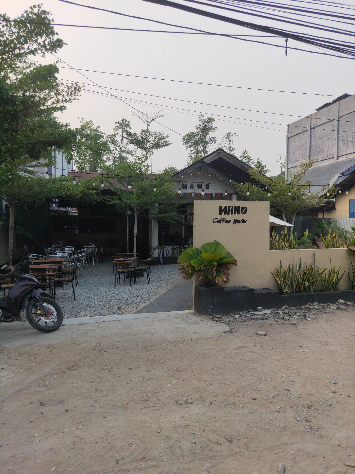 This image depicts the exterior of "MAMO Coffee House" in Sintang, Indonesia. The coffee house features an outdoor seating area with numerous tables and chairs arranged on a gravel ground. Lush green trees with string lights are planted throughout the seating area, creating a natural ambiance. The building itself has a rustic architectural style with a dark-tiled roof. A light-colored wall with the coffee house's name and logo is prominently displayed at the entrance, surrounded by potted plants. In the foreground, a dark-colored motorcycle is parked on the paved road. The background shows a typical urban environment with buildings and power lines. The sky is overcast, indicating a possibly cloudy day.