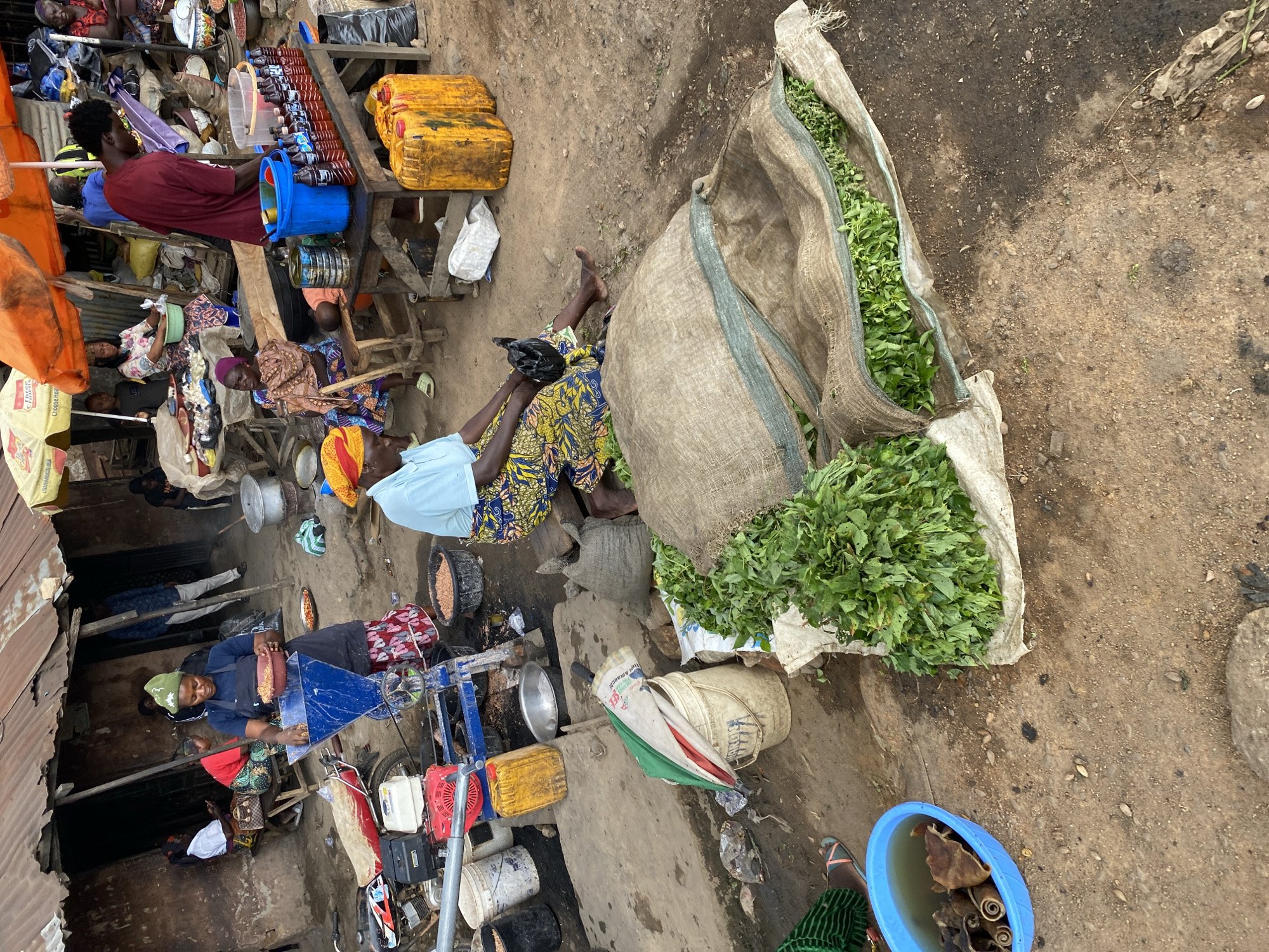 In Bukuru, Nigeria, an outdoor market scene unfolds with several individuals engaged in commercial activities. In the foreground, two large sacks of green leafy vegetables are prominently displayed, one partially open. To the left, a blue basin holds what appear to be dried animal parts. The ground is dusty and uneven, typical of an unpaved market area. A folded umbrella rests in a bucket. Behind these items, a woman in a blue shirt and a patterned skirt is seated, holding a black bag. Further back, a woman wearing a green headscarf and an apron is operating a food processing machine, holding a bowl of what appears to be processed food. Other people are visible in the background, some seated and some standing, suggesting a bustling marketplace environment. Various containers, including buckets and large yellow jerrycans, are scattered around, along with a red motorcycle. The structures in the background are makeshift, with corrugated metal roofing.