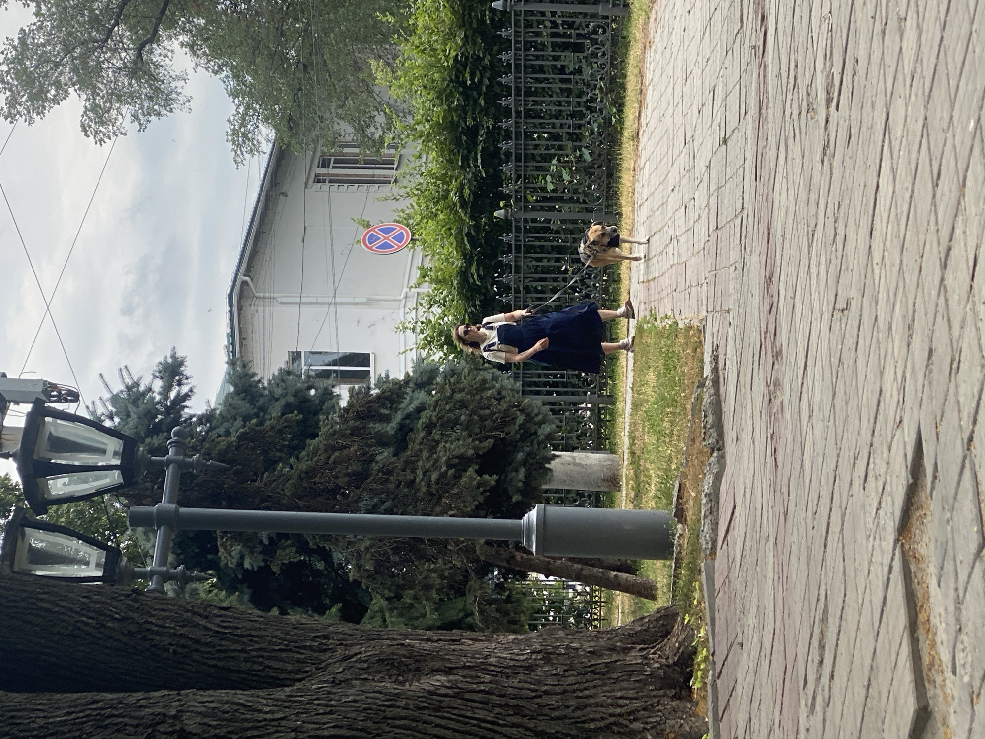 A woman wearing a dark blue overall dress and a light-colored t-shirt is walking a dog on a leash along a paved walkway. The dog appears to be a medium-sized breed with light brown fur. The walkway is made of interlocking bricks and shows signs of wear and tear with some bricks displaced. To the left of the walkway is a patch of grass, and further left is a large tree with a rough bark texture and a lamppost with two glass-enclosed lights. Behind the walkway, there is a black metal fence, and beyond that, a manicured hedge. In the background, a white two-story building with a green roof is visible, along with a blue and red circular sign on a pole. The sky is overcast with some clouds. This scene appears to be in a park or a tree-lined street in the city of Poltava, Ukraine, given the architectural style of the building and the general aesthetic.