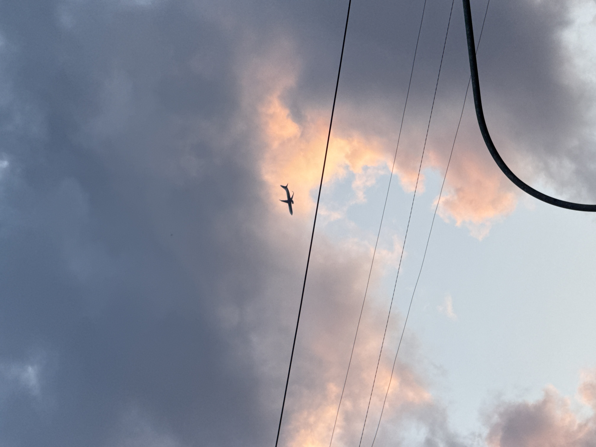 A silhouetted airplane is captured in mid-flight against a dusky sky filled with dramatic clouds tinged with hues of pink and orange. The airplane is positioned towards the upper left quadrant of the image, appearing small against the vastness of the sky. In the foreground, several dark, thin power lines stretch horizontally across the frame, intersecting the view of the sky and clouds. A curved, dark object, possibly a streetlamp or a support structure, is visible in the lower right corner of the image. The overall impression is one of a serene evening sky, with the man-made elements of power lines adding a touch of urban reality to the natural spectacle. The image does not contain any specific landmarks or identifiable features that would pinpoint its location within Saint Petersburg, Russia.