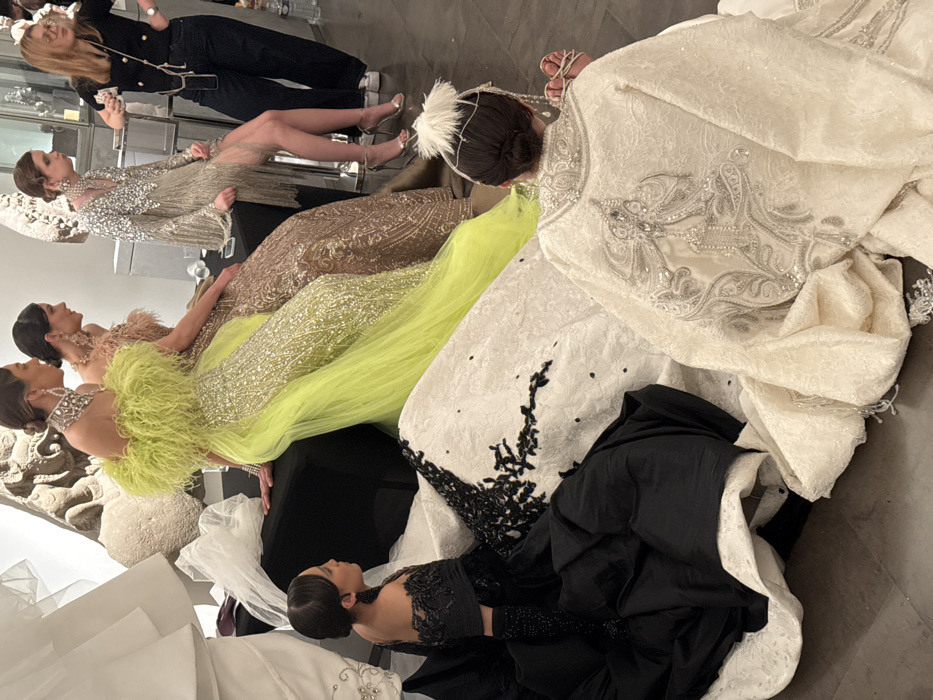A group of models in elegant gowns are captured from an elevated perspective. The gowns feature a range of colors and textures, including shimmering silver, earthy brown, vibrant chartreuse, classic white, and sleek black. Some gowns are adorned with feathers and intricate embellishments. A woman in a black jacket and jeans stands at the top, likely taking photographs. The models are positioned on the floor, surrounded by the flowing fabric of the gowns.