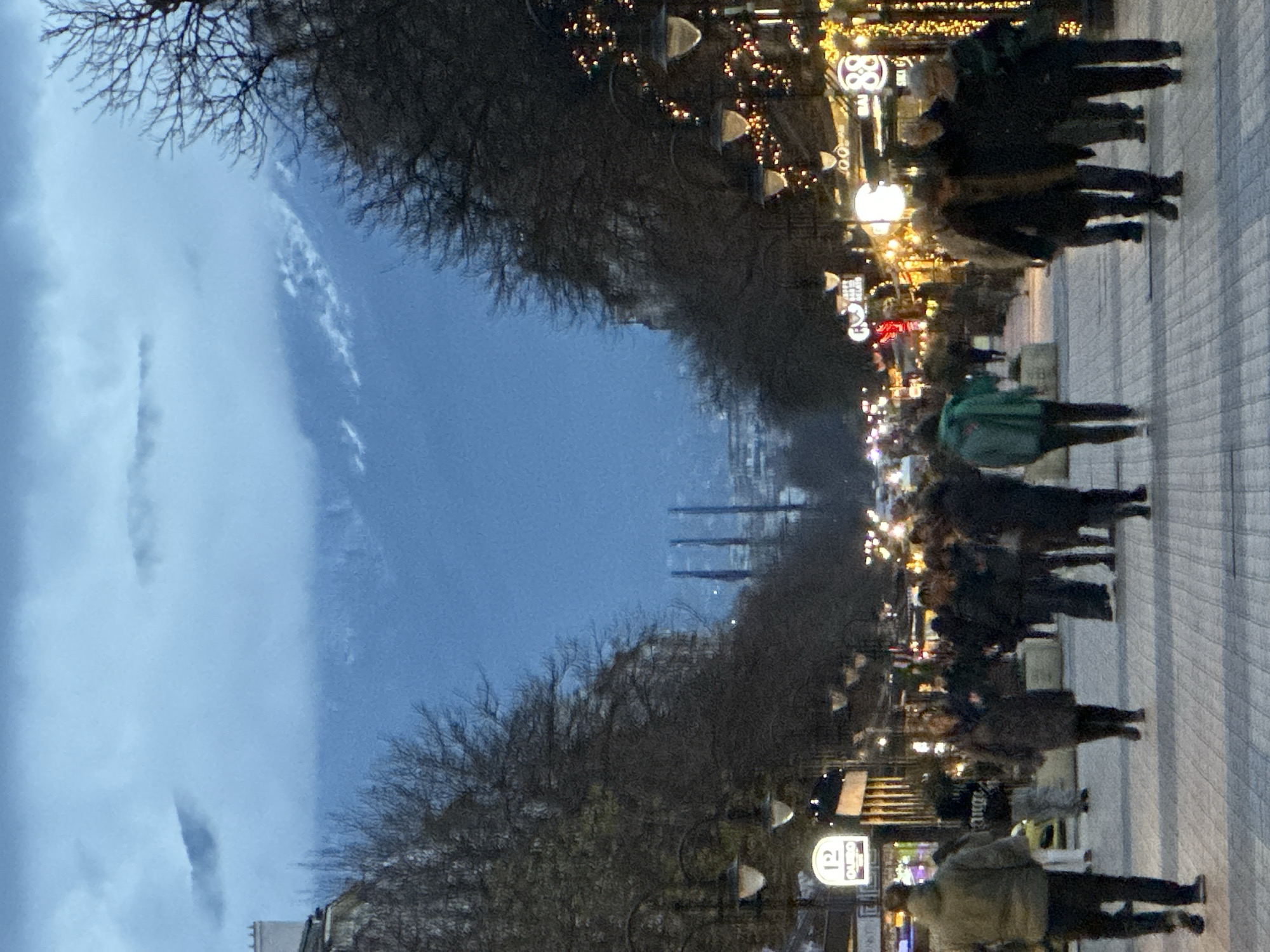 The image shows a street scene in Sofia, Bulgaria, specifically Vitosha Boulevard, during the evening. People are walking on the pedestrian street. The street is lined with trees, some of which are illuminated with decorative lights. Streetlights and storefront lights are visible. The sky is overcast with clouds. Some buildings are visible in the background.