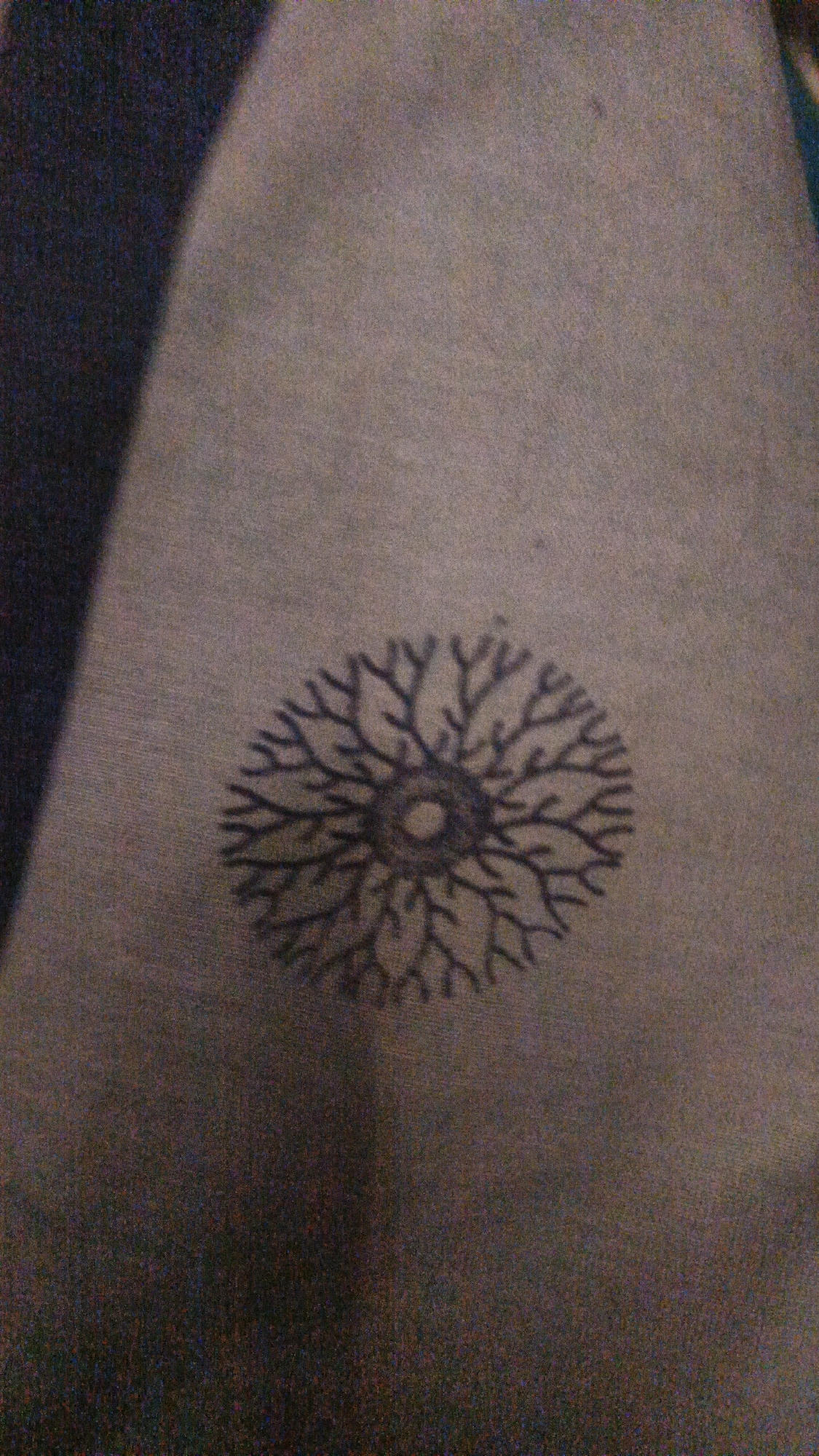 The image is a close-up of a tattoo on a person's skin. The tattoo is a circular design resembling a branching pattern, possibly a stylized tree or a snowflake. The tattoo is dark in color and appears to be located on an arm or leg. The background is a neutral, textured surface, likely skin. The image is slightly out of focus and has a grainy quality, suggesting it was taken with a camera in low light conditions. There is a shadow cast on the left side of the image, obscuring a portion of the background. The location in Sungai Rasau, Indonesia, is not discernible from the image itself.