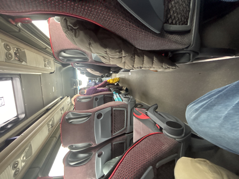 This image depicts the interior of a passenger coach bus, specifically in Dobrodan, Bulgaria. The perspective is from a seated passenger looking forward down the central aisle. The bus features rows of red and black fabric seats with gray plastic backs and integrated armrests. Overhead compartments with recessed lighting and air vents line the ceiling, which also includes a rectangular skylight.
In the foreground, the legs of the person taking the photo are visible, wearing light blue corduroy pants on the left. Adjacent to this, to the right, are the legs of another individual wearing beige pants. A brown puffer jacket hangs over the back of the seat directly in front and to the right of the camera's position. Further down the aisle on the left, a bottle of water with a blue cap rests in the mesh pocket of a seat back. Beyond this, a passenger wearing a purple top is visible, holding a yellow plastic bag in their hands. Other passengers are seated further toward the front of the bus, their figures partially obscured. The aisle floor is a uniform dark gray.