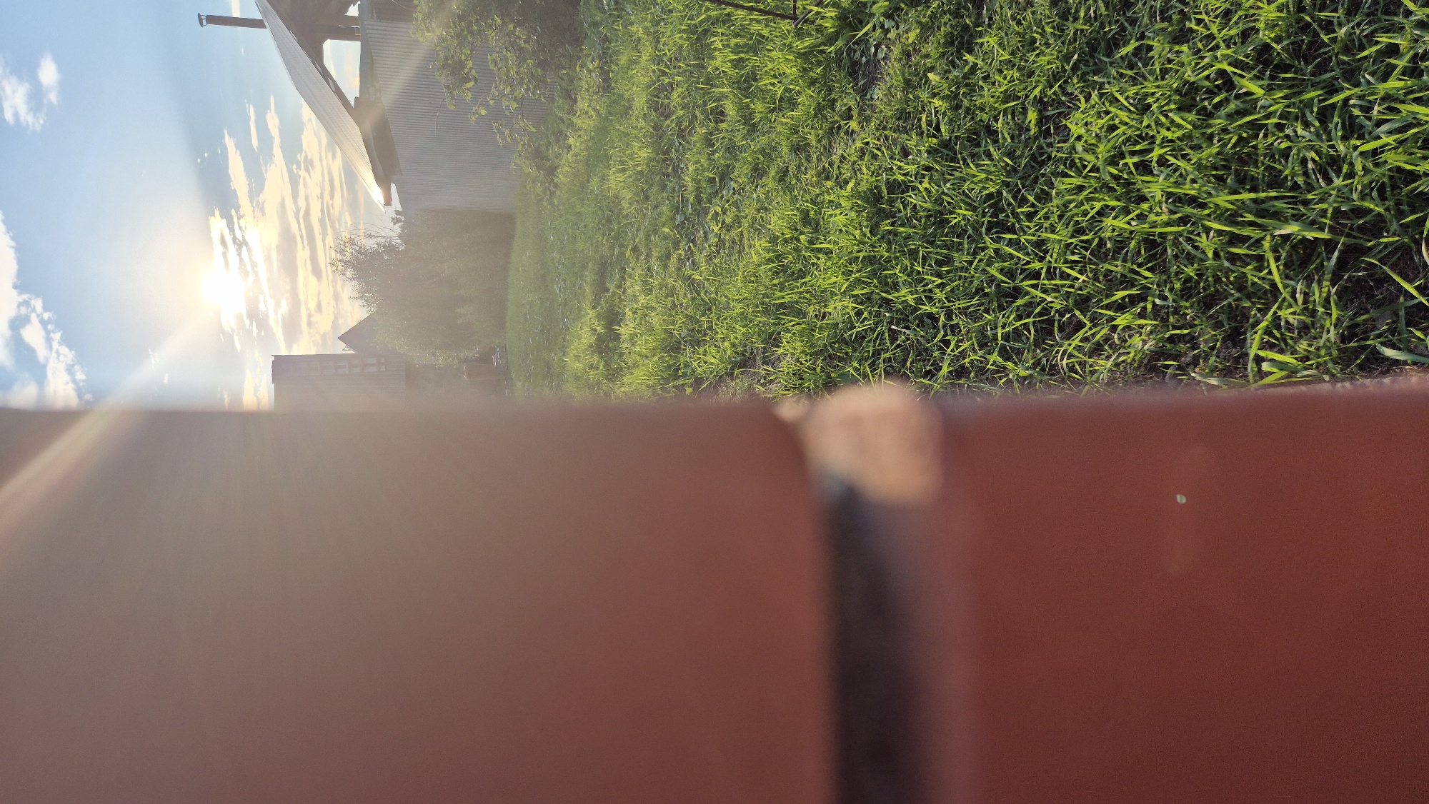 This media file is an outdoor, slightly angled, close-up shot of a backyard scene. The foreground is dominated by a blurred, reddish-brown surface, likely a brick wall or railing, with a small dark line running vertically.
Beyond the foreground, the scene opens up to a sunlit grassy area. The grass is lush green and appears to be well-maintained, with individual blades catching the light. In the middle ground, there are hints of structures, including what appears to be a corrugated metal roof and possibly a residential building. A chimney or vent pipe is visible on top of one structure. Trees and foliage are present, adding to the natural setting.
The background is a bright sky with scattered white clouds. The sun is prominently visible, casting a strong lens flare and bright rays across the upper left portion of the image. This indicates it is likely late afternoon or early evening, with the sun low in the sky. The overall mood is peaceful and serene, evoking a sense of a quiet summer day. The location is identified as Косяковка, Russia. There is no visible text in the image.