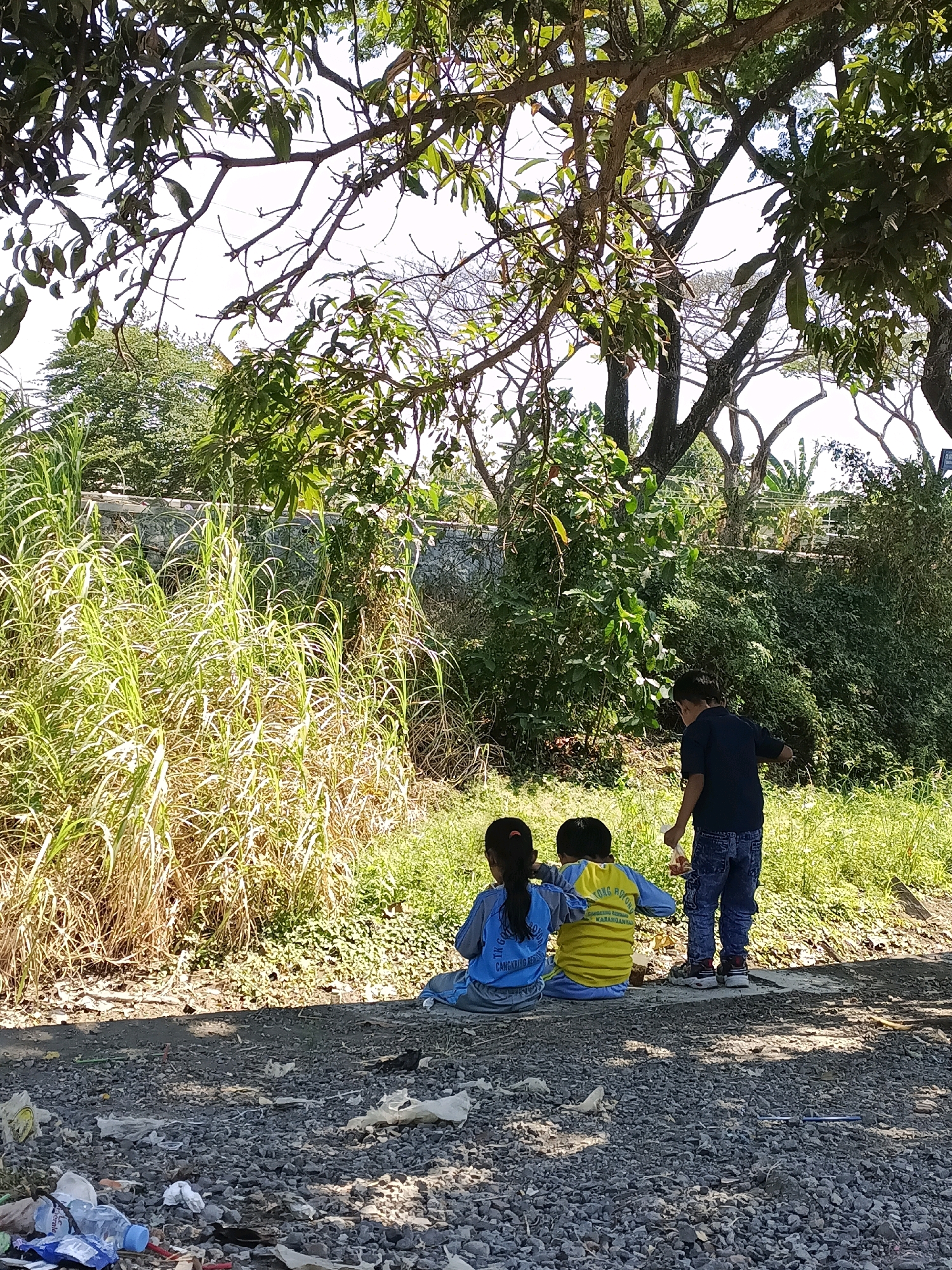 The image depicts three children sitting on a gravelly surface under the shade of a tree. In the foreground, there is a scattering of litter, including plastic bottles and wrappers. Behind the children, tall dry grass and a stone wall are visible. A dense green bush and further vegetation are apparent in the background, along with trees and utility poles. The scene appears to be an outdoor area, possibly a roadside or undeveloped lot. One child is wearing a blue shirt and pants, another a yellow shirt and blue pants, and the third a dark blue shirt and jeans. The child in the dark blue shirt is holding a small bag. The location is identified as Cangkring Rembang, Indonesia.