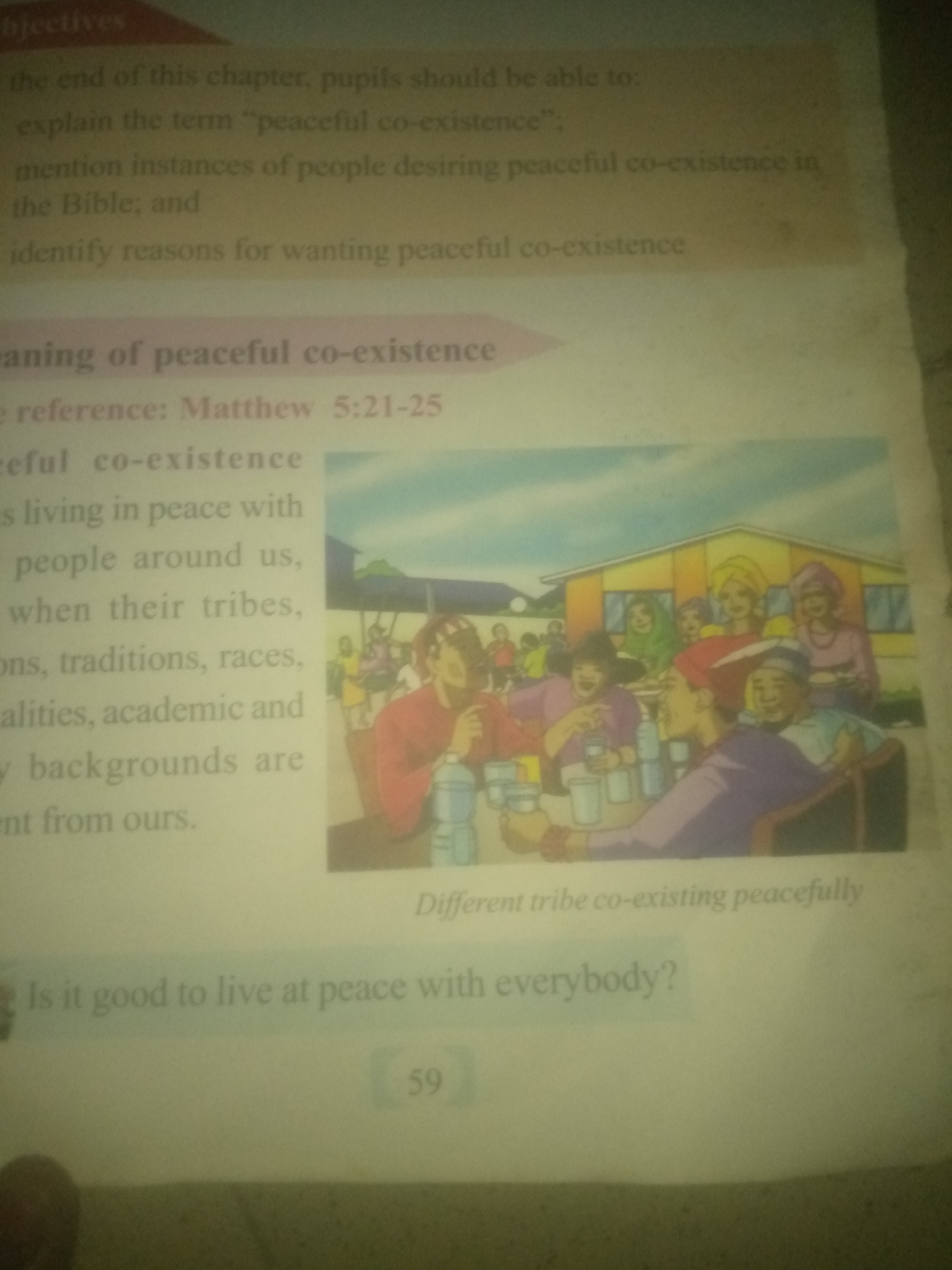 The image shows a page from a book. The text discusses "peaceful co-existence" and references "Matthew 5:21-25." A colorful illustration depicts a group of people, appearing to be of diverse backgrounds, gathered together outside a building. Some are seated at a table, sharing drinks. The image is a general representation and does not contain specific details related to Jauro Yinu, Nigeria.