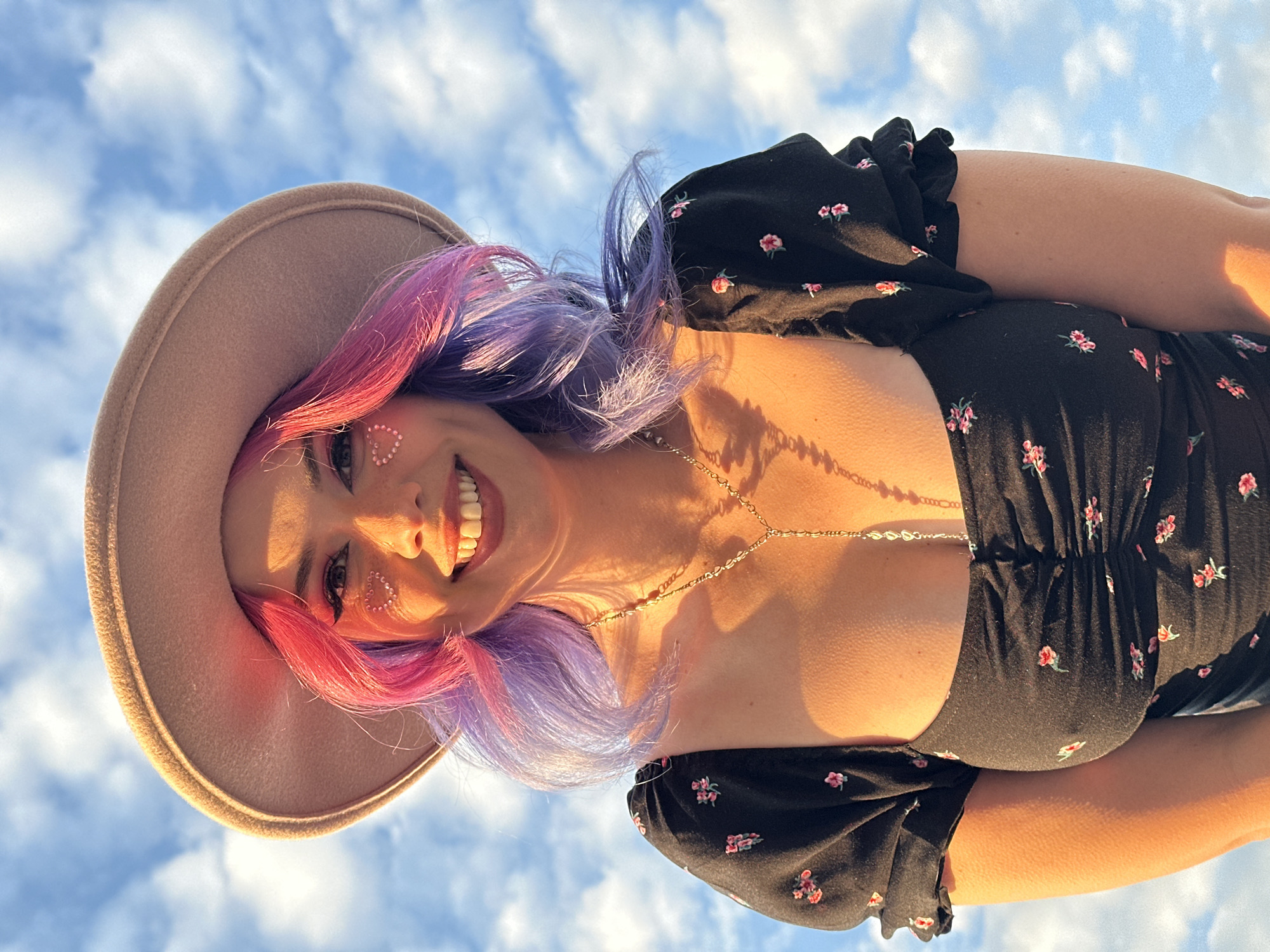 A young woman is captured in a vibrant, low-angle outdoor portrait, smiling brightly at the camera. She wears a light brown, wide-brimmed hat, complementing her distinct, two-toned hair, which features shades of pink transitioning to purple. Her face is adorned with small, heart-shaped rhinestone embellishments on her cheekbones. She is dressed in a black top or dress patterned with small pink flowers, characterized by ruffled sleeves. A delicate, gold-toned chain necklace is visible across her chest.
The scene is bathed in warm, golden light, suggesting the photograph was taken during the "golden hour"—either early morning or late afternoon. Her expression is one of happiness and joy, with a wide, open-mouthed smile. The background consists entirely of a clear blue sky dotted with scattered white clouds, indicating sunny and pleasant weather conditions. No text is visible within the image. The setting is an unspecified outdoor location in the City of Zagreb, Croatia.