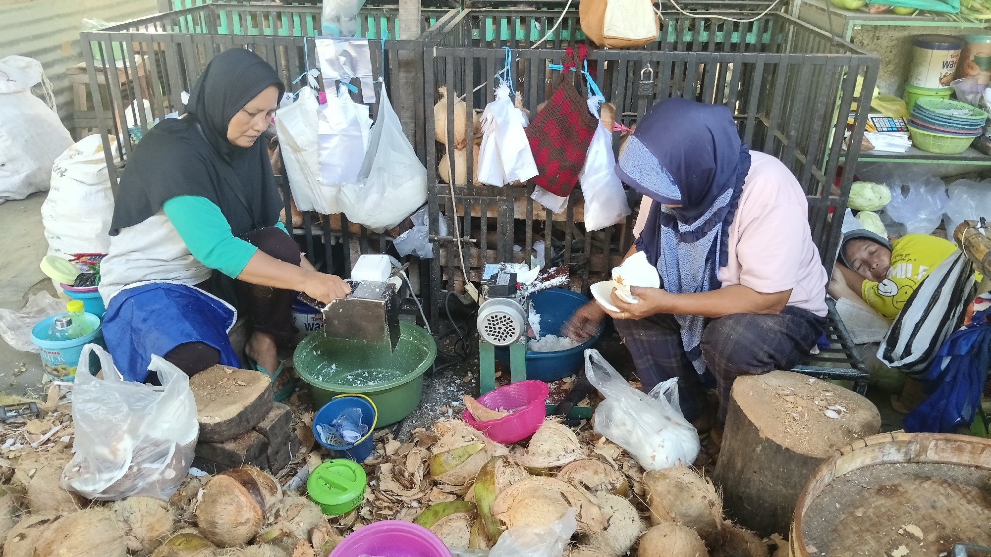The image depicts an outdoor scene in Dukuh, Indonesia, where two women are engaged in preparing coconuts. The woman on the left, wearing a black hijab and a turquoise sleeve shirt, is operating a manual grater attached to a metal machine, processing coconut into shredded form which falls into a large green basin. The woman on the right, in a dark blue hijab and a pink t-shirt, is holding a piece of coconut flesh and appears to be preparing it, with shredded coconut visible in a blue basin in front of her. Between them is an electric motor powering another shredding mechanism.
The environment is a bustling, possibly market or roadside setting, with a metal fence in the background. Various items are scattered around, including whole coconuts, coconut husks, plastic bags filled with white material, and several colorful plastic basins and containers. To the right of the women, a child is sleeping, wearing a yellow t-shirt. The ground is covered with debris, including coconut husks and dirt, suggesting an active processing area. The overall scene conveys a sense of daily labor and resourcefulness in a rural or semi-urban Indonesian setting.
