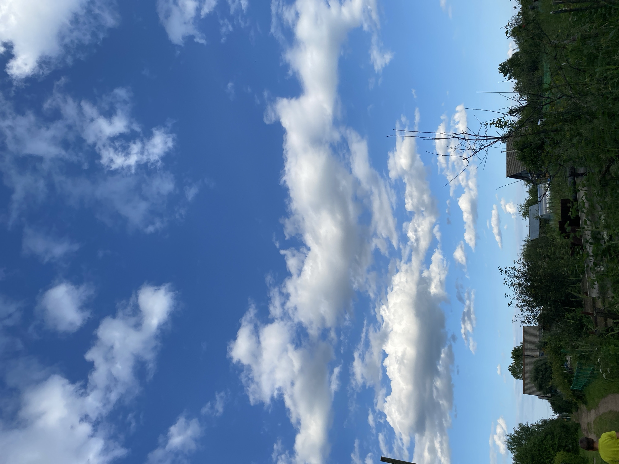 The image depicts a bright, sunny day with a clear blue sky filled with fluffy white clouds. The scene is oriented vertically, suggesting it was taken in portrait mode. On the right side of the image, a lush green landscape is visible, with dense trees and foliage. Scattered amongst the greenery are hints of human habitation, including what appears to be a modest building with a corrugated roof and possibly a greenhouse. A dirt path winds through the vegetation, leading the eye deeper into the scene.
In the foreground on the right, the back of a person wearing a bright yellow shirt is visible, their head and shoulders showing as they look away from the camera. The overall impression is one of a rural or semi-rural setting, possibly a backyard or a garden area in a village. The time of day appears to be daytime, given the brightness of the sky and the shadows cast. The weather is fair and pleasant, with the clouds adding visual interest to the sky. The location context provided places this scene in Novyi Ural, Russia, which aligns with the rustic and natural elements observed. There is no visible text in the image.