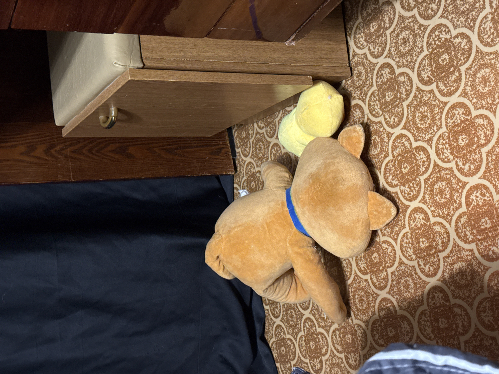 A stuffed dog toy, predominantly brown with a blue collar, lies on its side on a carpeted floor. Next to it, partially obscured, is a yellow stuffed toy. The toys are positioned near a wooden cabinet with a beige cushioned seat and a brass handle. Behind the toys, a dark fabric hangs, possibly a curtain or drape. The carpet features a repeating pattern of brown and beige floral-like motifs. The scene appears to be indoors, likely in a domestic setting. There is no indication of the location being in Khimki, Russia.
