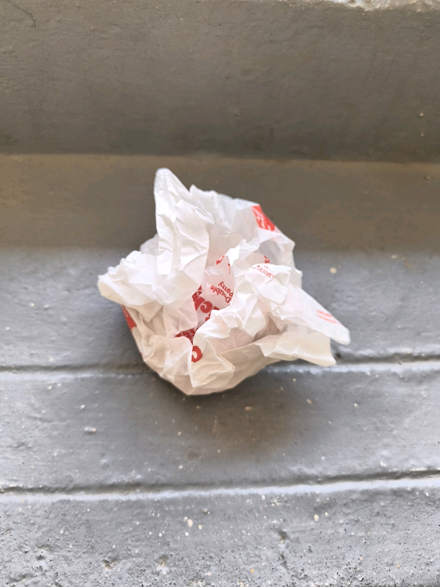 A crumpled white plastic bag with red lettering is resting on a grey, weathered, horizontal surface, likely a painted brick ledge or step. The lettering on the bag is partially visible and appears to include the words "Double Patty" and "SERVE." The surface has a slightly textured, speckled appearance. The background is out of focus but suggests a similar grey, horizontal structure. There are no people or animals visible in the image. The scene is static and appears to be a discarded item in an outdoor urban setting. The provided details about Coimbatore, India, are not visually discernible from the image itself.