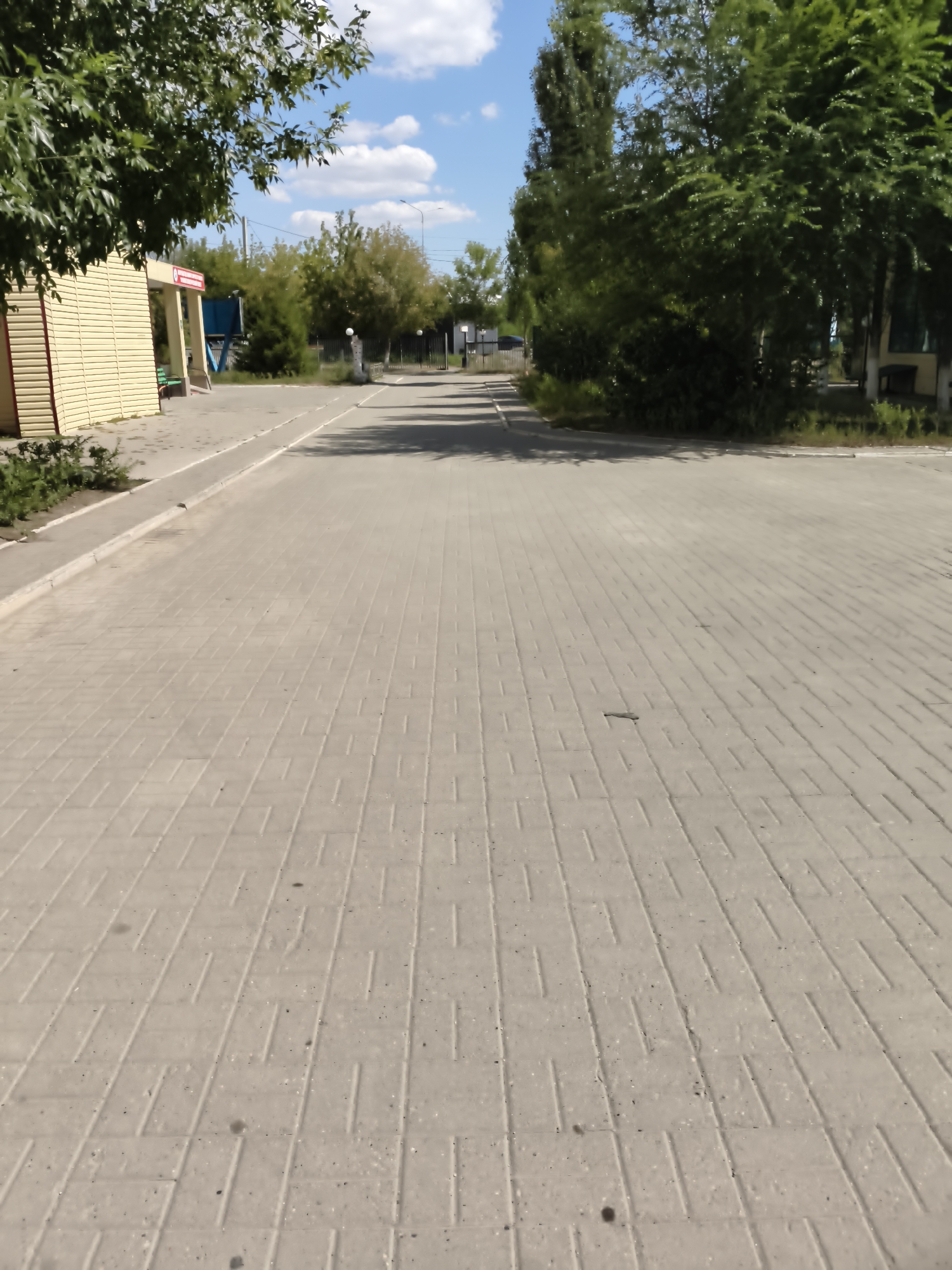 The image depicts a sunlit outdoor scene on a paved area, likely a walkway or courtyard, in Aktobe, Kazakhstan. The foreground is dominated by the textured surface of interlocking grey concrete pavers, laid in a repeating pattern. A lighter grey concrete curb runs along the left edge of the paved area, separating it from a narrow strip of green vegetation. Beyond the curb, a building with horizontal yellow siding and red trim is visible, with a small green bench situated near an entrance. Trees with lush green foliage line the sides of the paved area and the background. In the distance, more trees and some structures can be seen under a bright blue sky with scattered white clouds. The overall impression is of a quiet, functional outdoor space within a city.