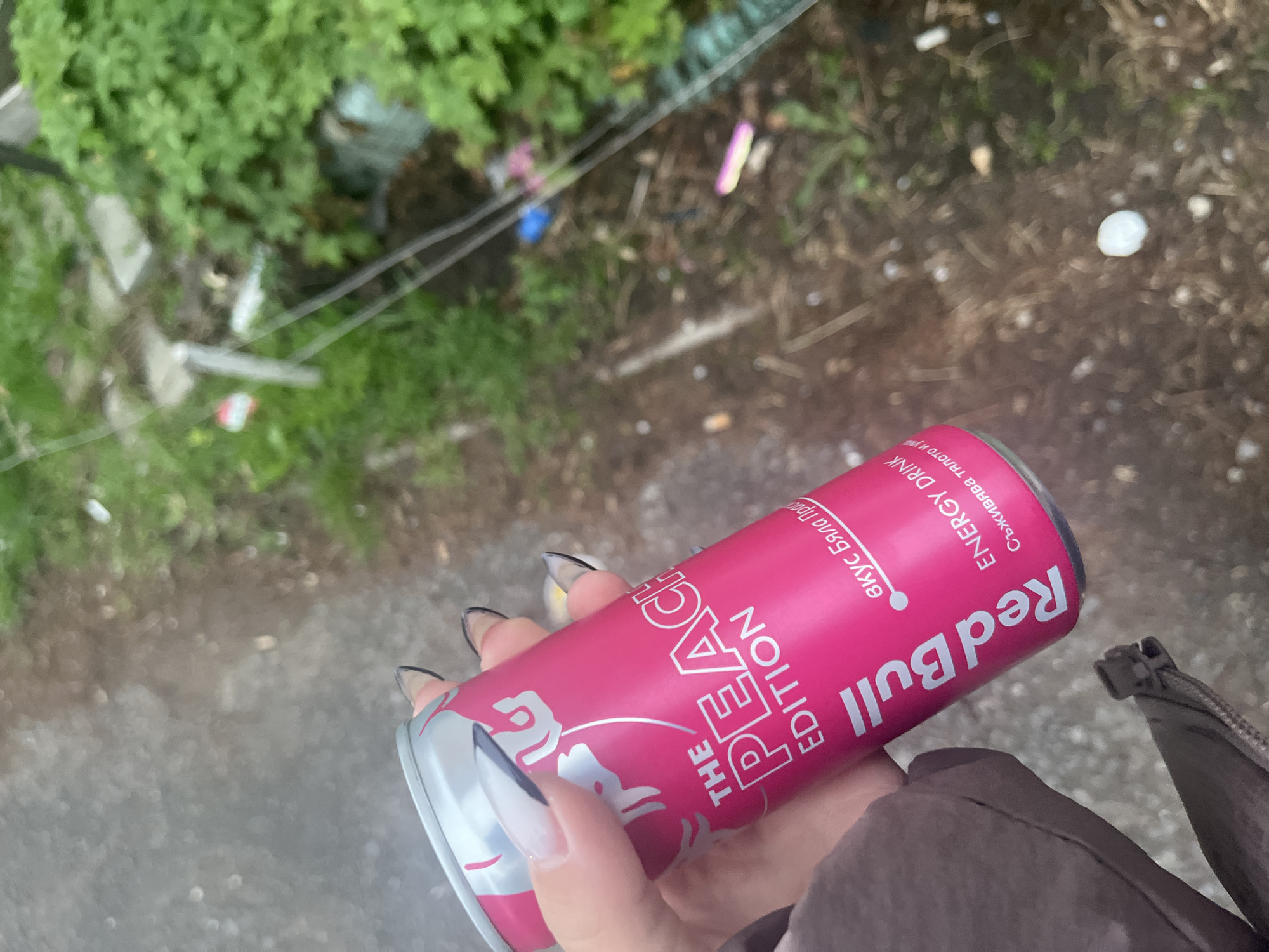 A hand with long, pointed nails is holding a pink Red Bull "The Peach Edition" energy drink can. The backdrop includes a view from above, showing a paved surface, some sparse vegetation, and what appears to be litter. Based on the writing on the can, the image is likely taken in Sofia, Bulgaria.