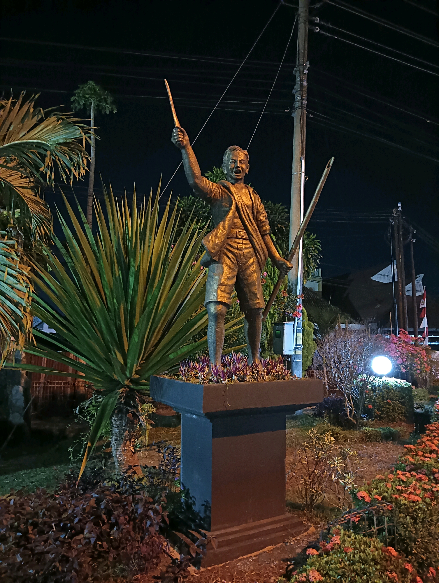 A bronze statue of a young man stands on a rectangular pedestal in a garden at night. The statue depicts the man with his mouth open, holding two wooden poles, one raised in his right hand and the other resting on his left shoulder. He is dressed in shorts and a t-shirt, with a cloth draped over his shoulders. The statue is illuminated by artificial lighting.
In the background, there are various plants, including palm trees and bushy shrubs. A utility pole with overhead wires is visible on the right side of the image. Two Indonesian flags are also present in the background. A round light fixture illuminates the garden area. The overall scene suggests an outdoor public space, possibly a park or monument, in Purworejo, Indonesia, given the presence of the Indonesian flags.