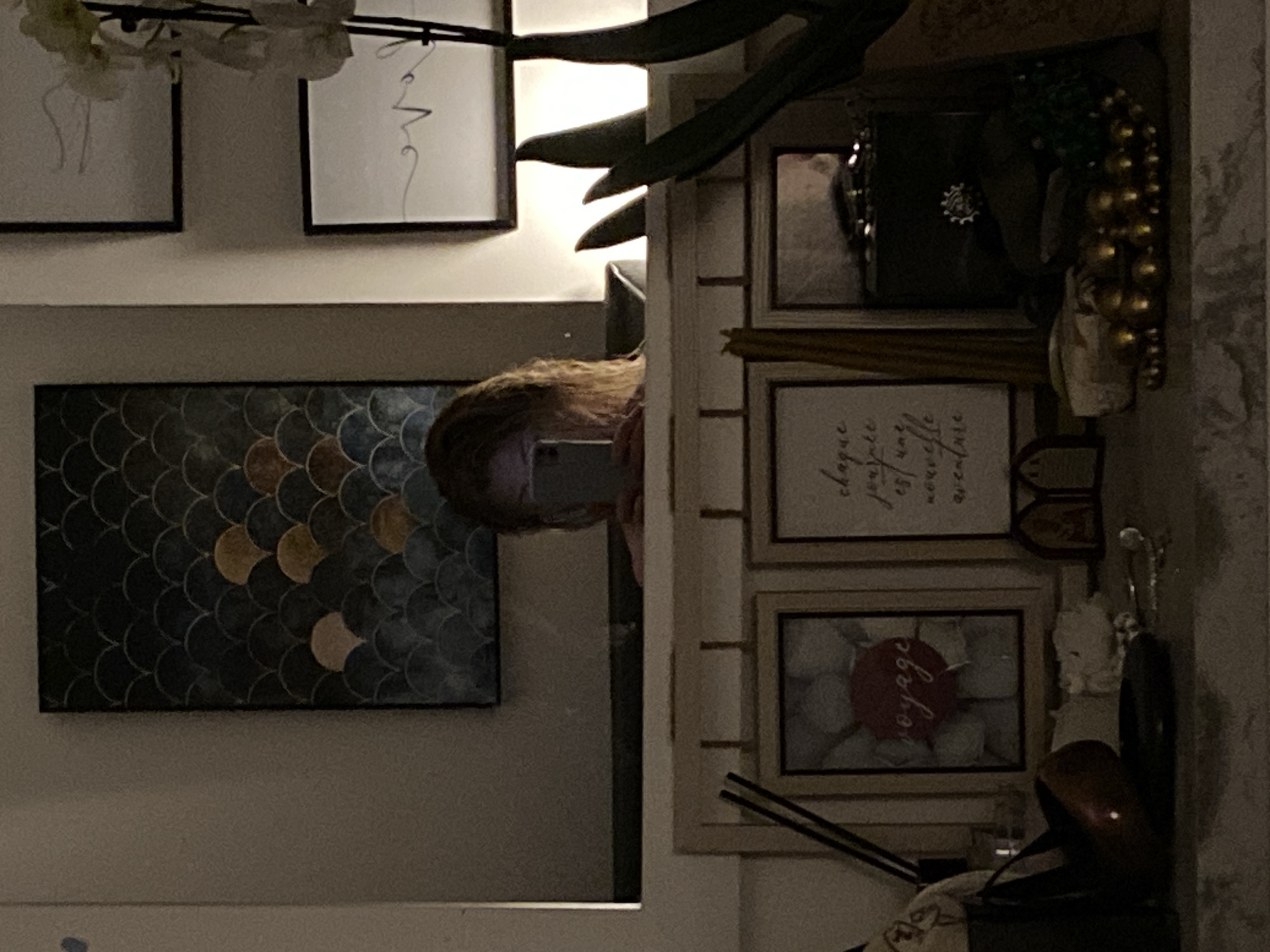 An indoor scene is depicted, characterized by dim lighting. In the upper center, the reflection of an individual with light-colored hair is visible in a surface, likely a mirror or window. This individual is holding a smartphone, the screen of which emits a bright light illuminating their face and upper torso.
Below this reflection, a white shelf or mantelpiece spans horizontally. On the shelf, from left to right, are: a dark diffuser bottle containing several dark reeds; a red, irregularly shaped decorative object; a framed picture featuring a red circle with the word "voyage" in white script against a textured white background; another framed picture displaying the French text "chaque jour est une nouvelle aventure" in white script on a light background; a tall, slender, golden-colored candle; a small, dark, arched decorative item; a dark, rectangular box with a metallic gear-like emblem on its front; and a cluster of multiple small, golden, spherical ornaments.
Above the shelf, in the background: On the left, a framed artwork features a dark blue background with scalloped patterns in shades of blue, gold, and light pink. On the right, two framed artworks are visible; the upper one shows abstract white lines on a light background, and the lower one displays white lines forming the word "love" on a light background. To the far right, a potted plant with multiple white orchid-like flowers and dark green leaves is positioned.
The specific location within Budva, Montenegro, is not discernible from the visual evidence presented, which exclusively depicts an interior space.