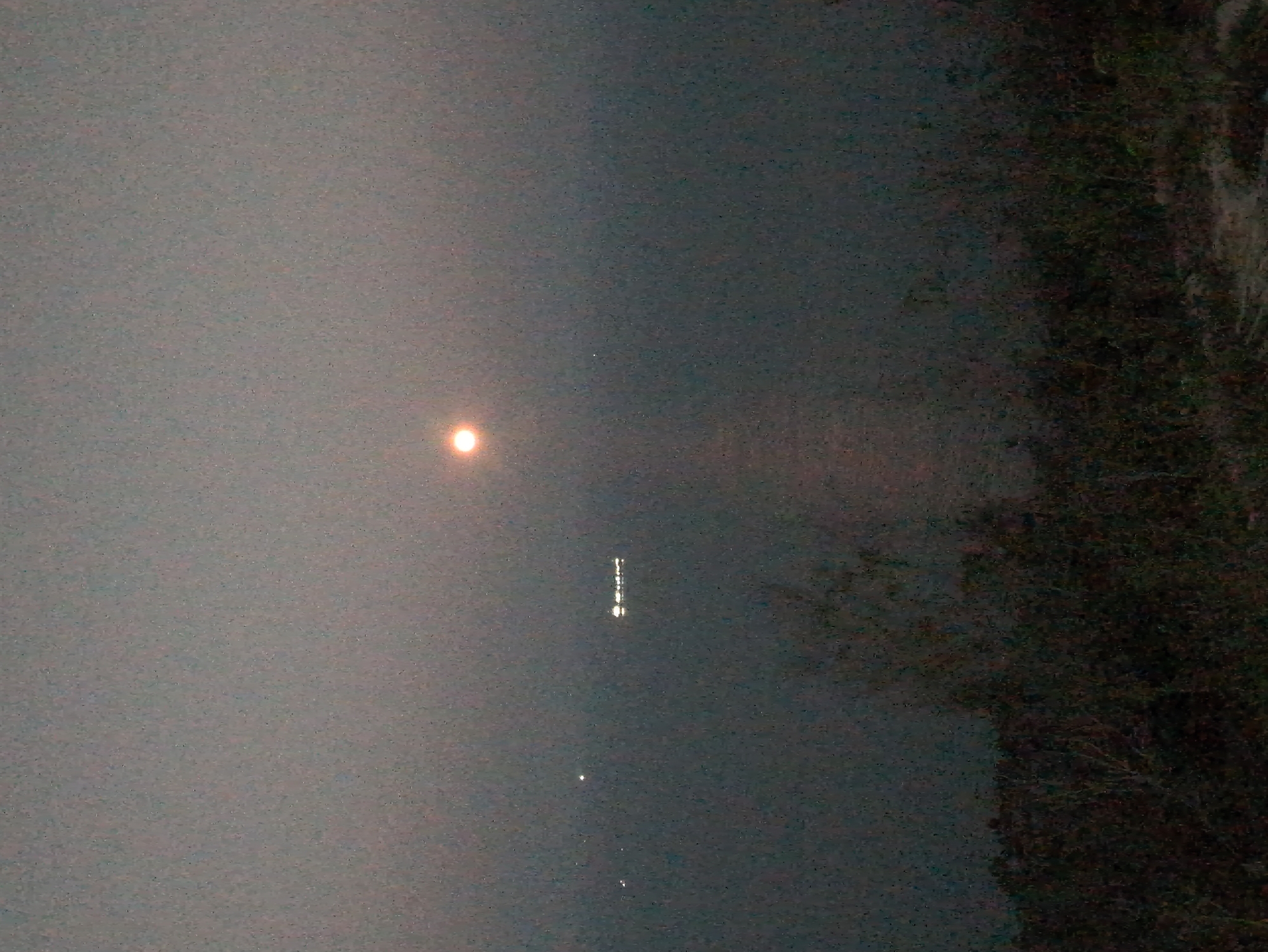 The image presents an indistinct night scene in South Quy Nhon Ward, Vietnam. The overall environment appears hazy or smoky. A bright circular object, likely the moon or a strong light source, is visible in the upper portion of the frame. A series of vertically aligned, smaller, bright reflections suggest a distant, possibly illuminated structure or a string of lights. The right edge of the image shows dark, undefined foliage, probably trees or dense vegetation. The rest of the scene is obscured, leaving the details unclear.