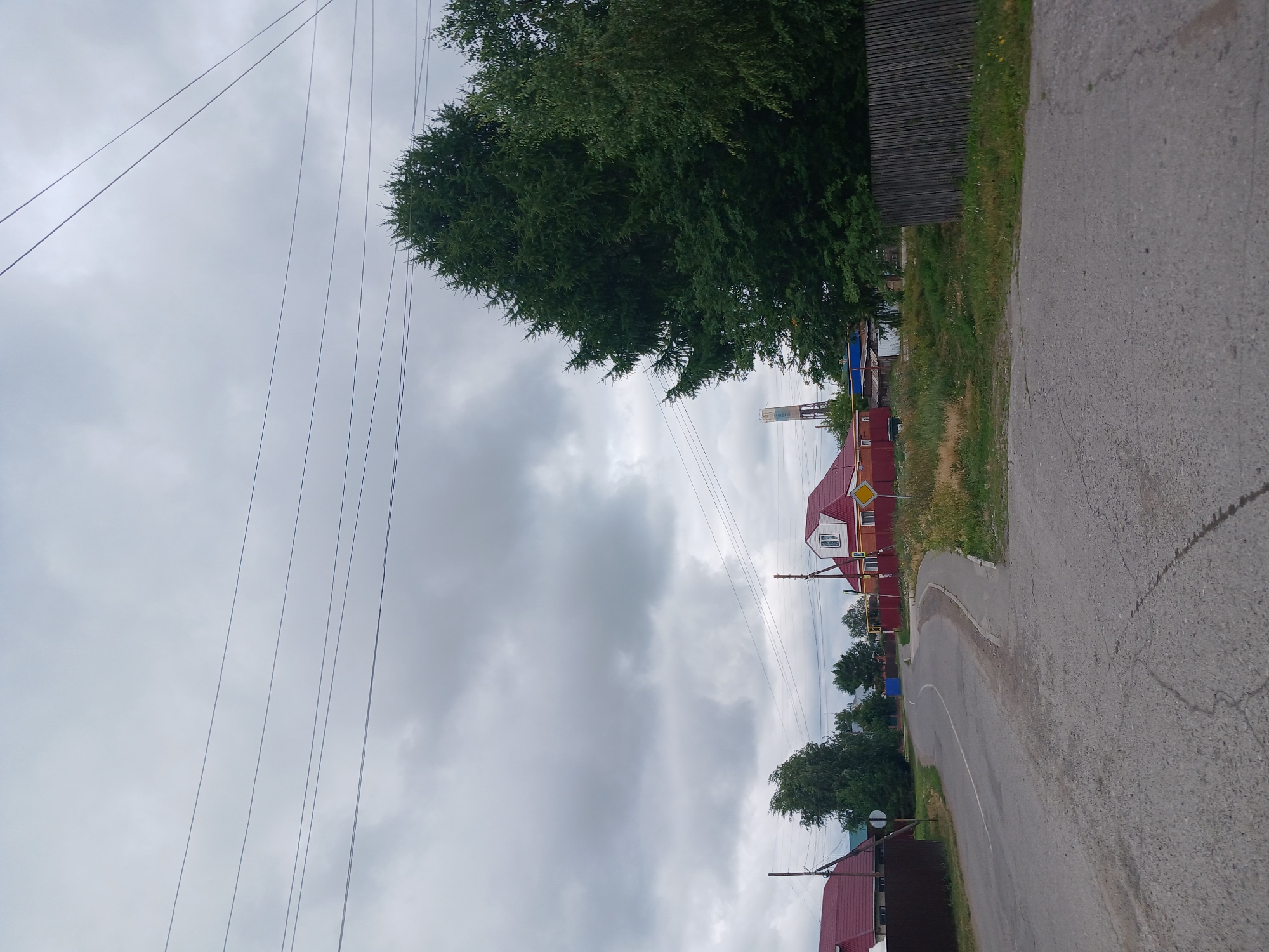 The image depicts a rural road in Prokudskoye, Russia, under a cloudy sky. The road is asphalt and curves to the left, bordered by a grassy shoulder and a wooden fence on the right. On the left side of the road, a house with a red roof is visible, partially obscured by trees and a dark fence. Further down the road, another house with a red roof and white trim is present, with a yellow diamond-shaped sign nearby. Tall, dense evergreen trees dominate the right side of the frame, with a few deciduous trees scattered behind them. In the distance, a tall, slender tower with a blue top is visible above the trees. Power lines stretch across the sky. The environment appears to be a residential area within a rural or semi-rural setting. There are no people or animals present in the image, and no actions or interactions are depicted.