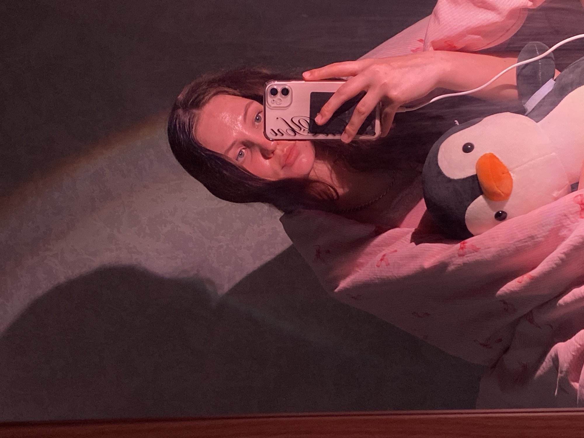 The image is a selfie taken by a young woman in what appears to be a bedroom. She is holding a smartphone in her right hand, taking the picture. The woman has long, dark hair and is looking at the camera. She is wrapped in a pink blanket with a floral pattern. Next to her, she is holding a stuffed penguin toy. The room is dimly lit, with pink and purple light casting shadows on the wall. There is a visible reflection in what appears to be a mirror or glass surface to the left of the frame, showing a partial view of a wooden doorframe and the woman's left arm. The overall ambiance is intimate and relaxed. There is no information available to specify the location as Izhevsk, Russia.