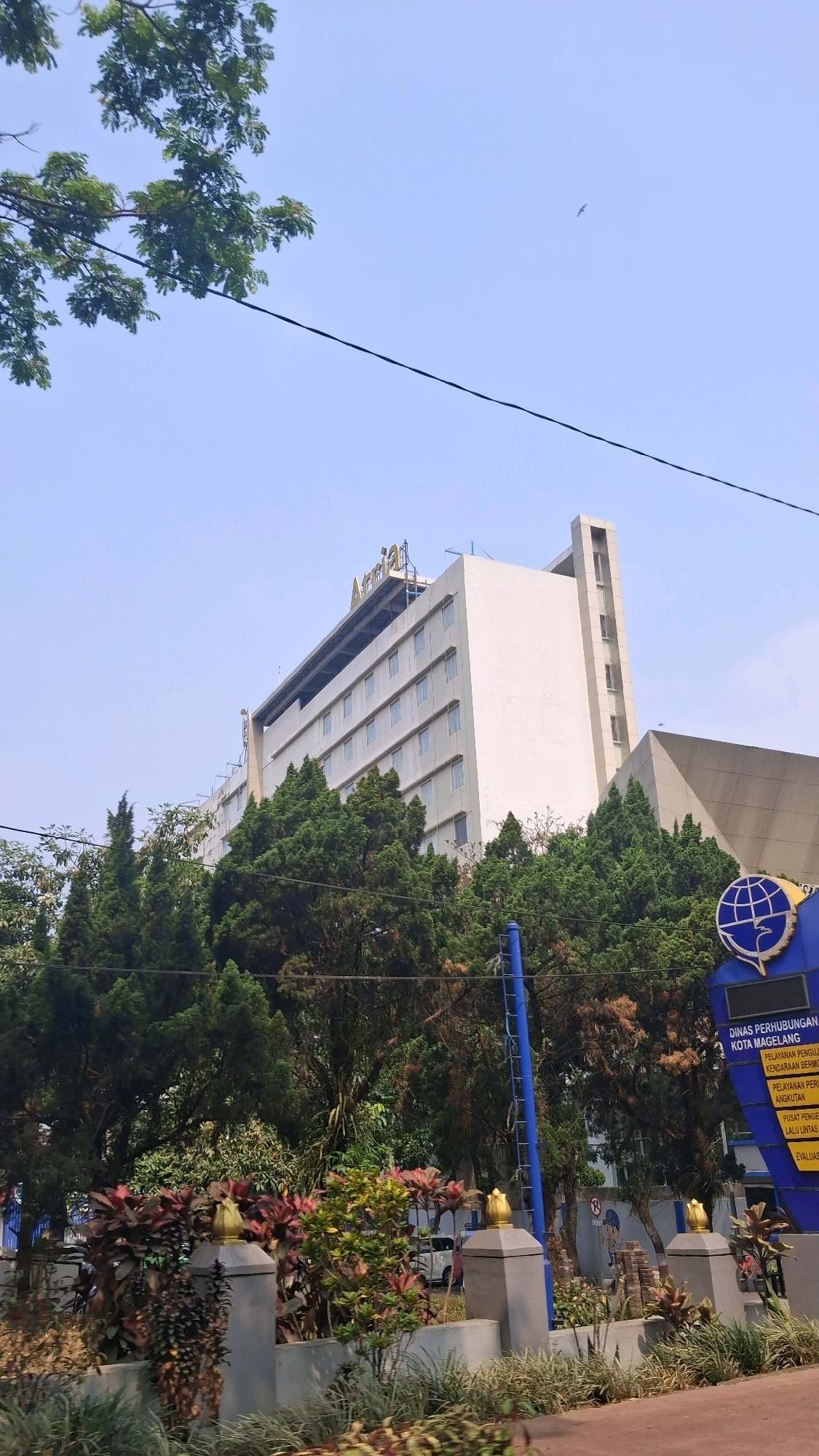 A low-angle, eye-level shot captures a tall, modern white building with a gold "Atria" sign on its rooftop, partially obscured by lush green trees and foliage. The building features multiple rows of identical windows. In the foreground, decorative plants with red and green leaves are visible behind a low wall with decorative golden finials. A blue pole with a ladder and a sign with Indonesian text, including "DINAS PERHUBUNGAN KOTA MAGELANG" (Department of Transportation Magelang City), are present. The sky is clear and pale blue, with a single bird flying in the distance. The scene is set outdoors, likely in an urban environment, given the building's architecture and the presence of official signage.
