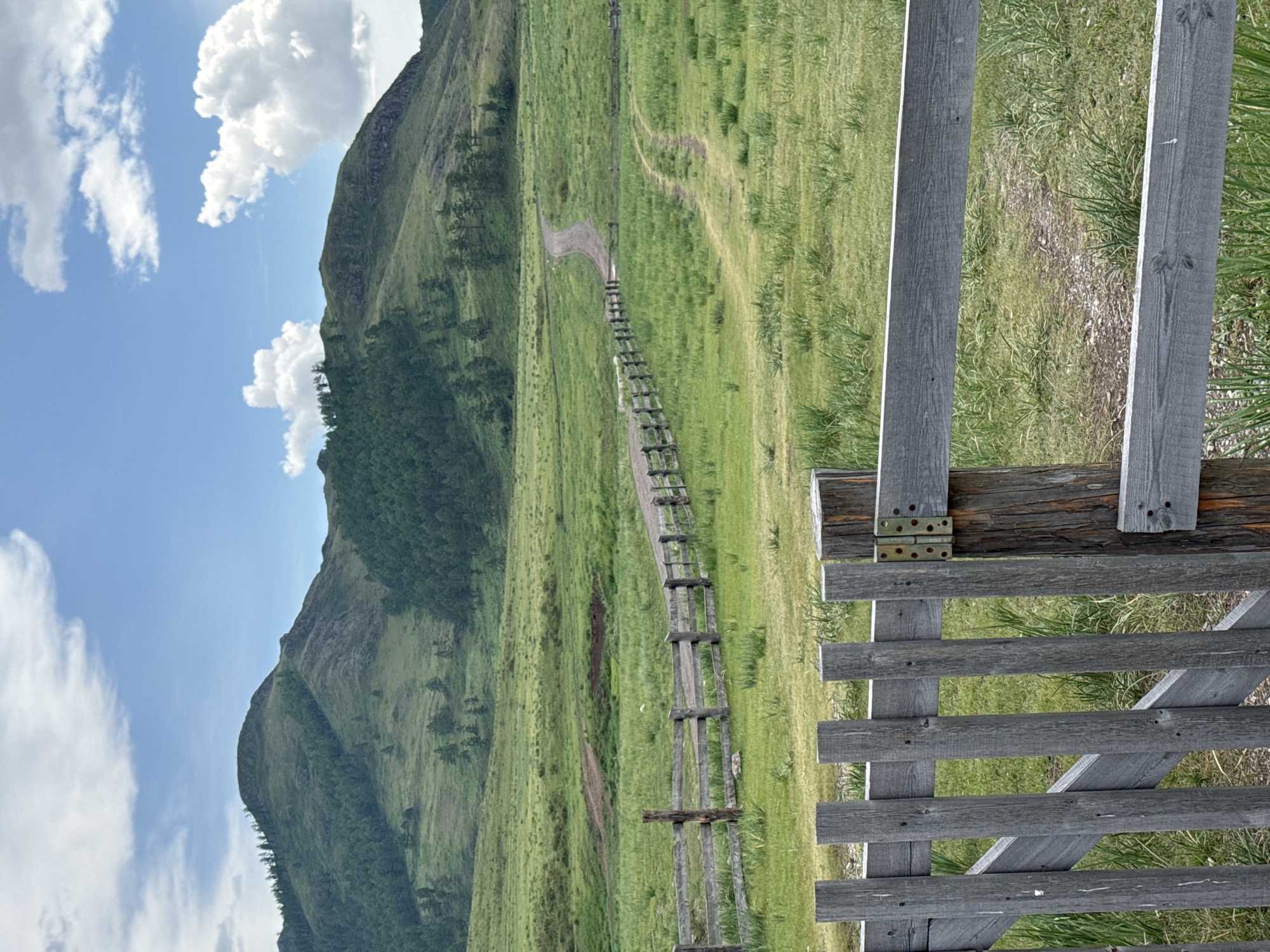A wooden gate with vertical slats stands in the foreground, partially obscuring a rural landscape. Behind the gate, a weathered wooden fence runs horizontally across the frame. Beyond the fence, a dirt road winds through a lush green meadow, leading towards a tree-covered mountain range. The mountains are a vibrant green, with patches of rocky grey visible on their slopes. The sky is a bright blue, dotted with fluffy white clouds. The scene is set in Anchyl-Chon, Russia, a location known for its natural beauty and open spaces.