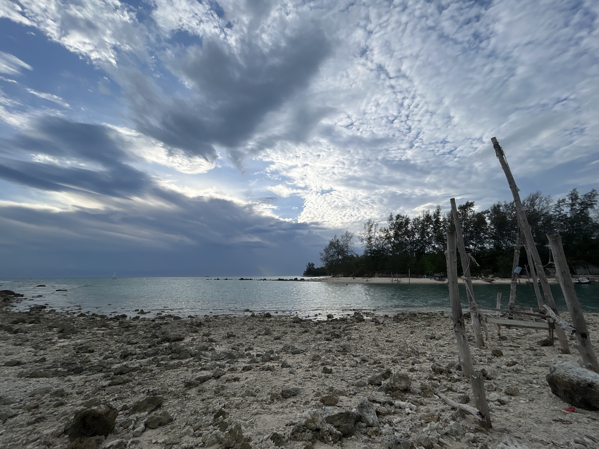 The image depicts a rocky, sparsely vegetated beach on Koh Phangan, Thailand, overlooking a calm, turquoise sea under a partly cloudy sky. In the foreground, a cluster of weathered wooden posts forms a makeshift structure on the beach. The sea extends to the horizon, where a line of trees borders the water. The sky is a mix of light blue and dramatic grey clouds.
