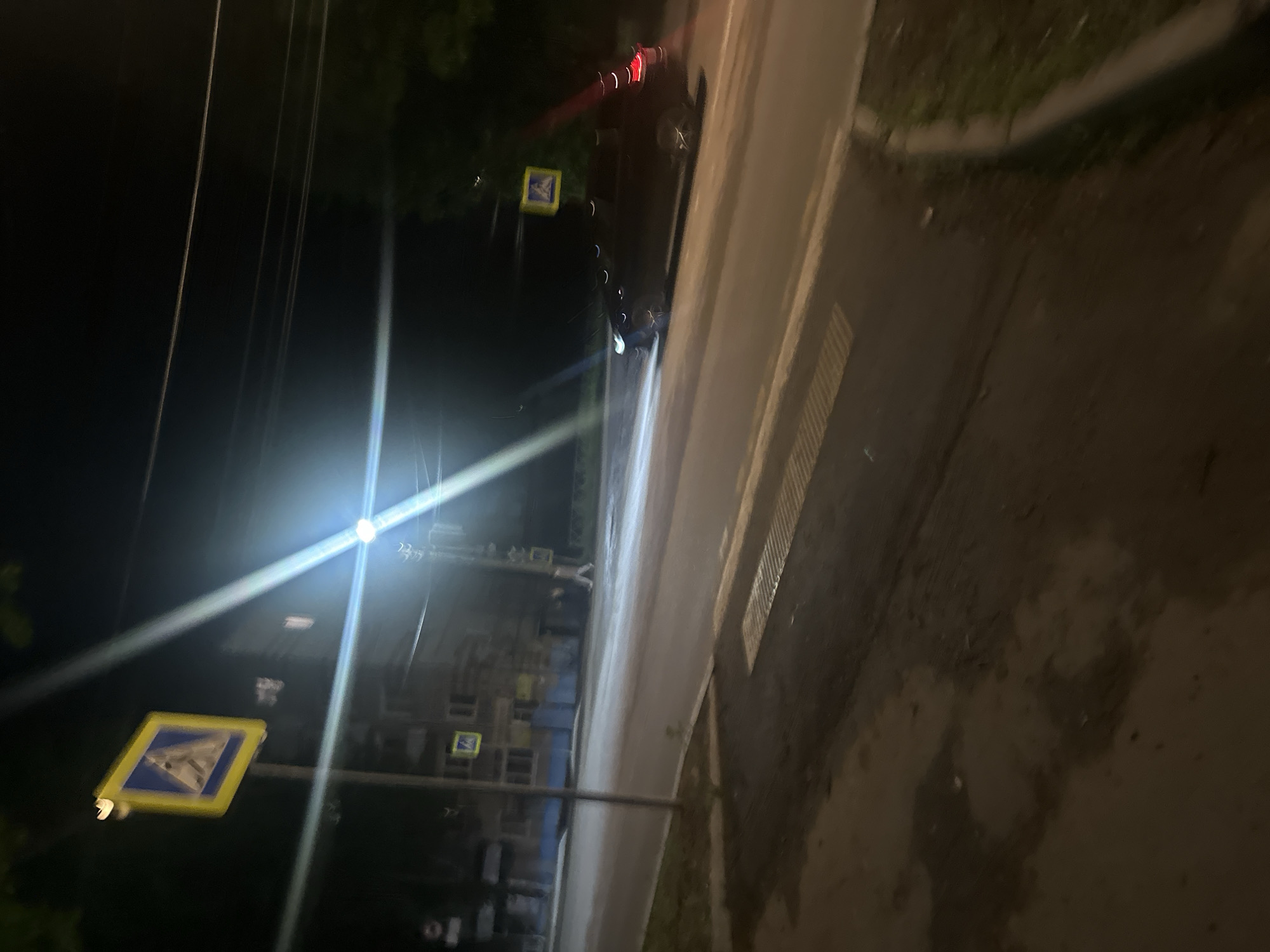 The image depicts a street scene at night in Birobidzhan, Russia. A dark-colored car is visible on the road, with its taillights illuminated. A pedestrian crossing is marked on the asphalt. Two pedestrian crossing signs are present in the scene; one prominently displayed on the left side of the road, and another smaller one further down the street. Buildings line the side of the road, and streetlights cast bright beams across the scene, creating lens flares and a somewhat blurred effect due to the low light conditions and possibly motion. Trees and overhead wires are also discernible. A single person, appearing to be walking, is visible in the middle distance on the right side of the road. The ground is paved, and there is a curb with some grass growing along the edge of the road. The overall impression is of a typical urban street at night.