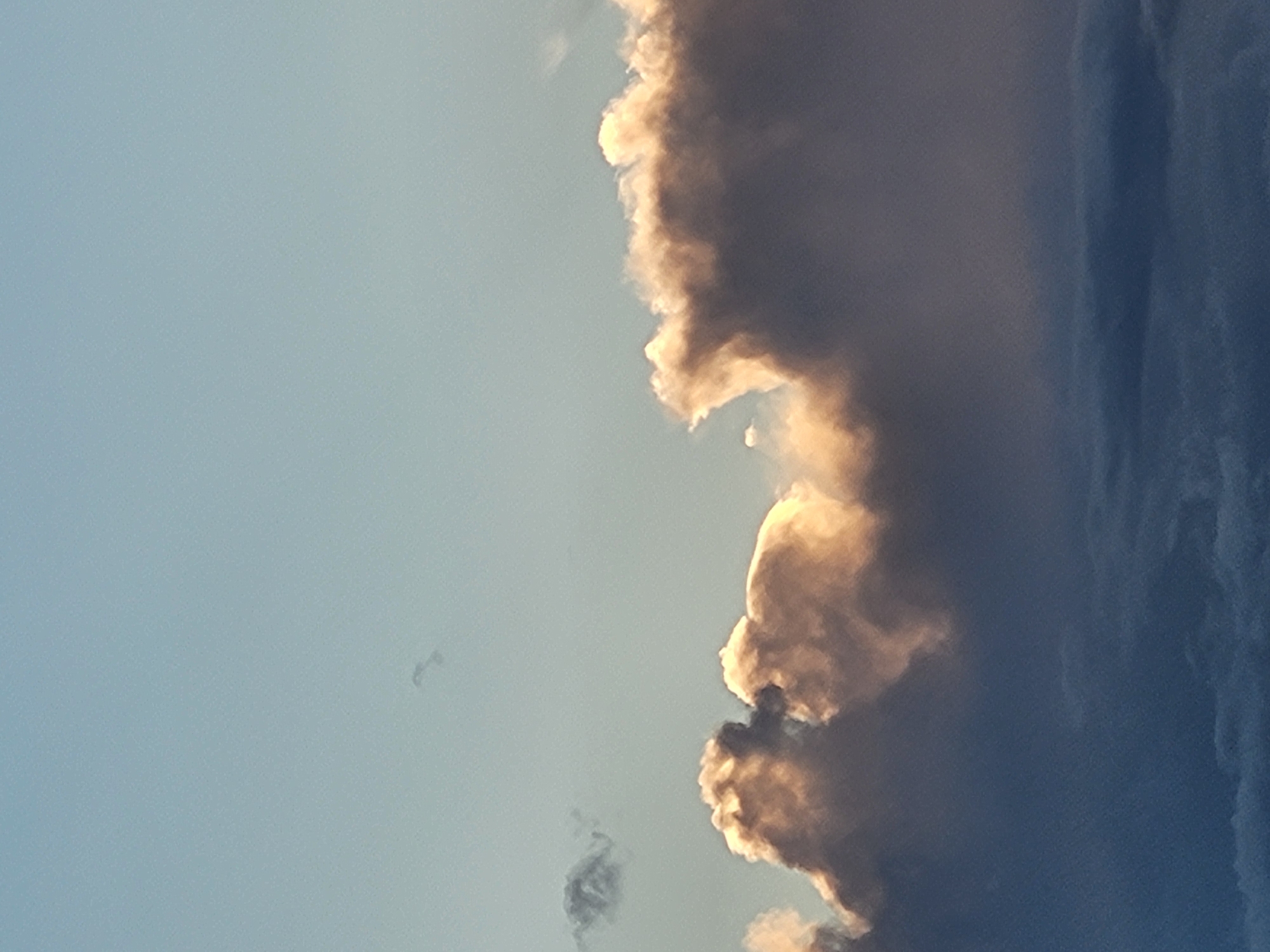 This is a vertical, eye-level, close-up, medium shot of a cloudy sky. The sky is a pale blue, with a gradient that lightens toward the horizon. In the middle ground, there are several large, billowy clouds, some of which are illuminated by the sun, giving them a golden hue. These clouds are dark gray and white, with some areas of lighter pinkish-tan. They are clustered together, with the largest cloud formation on the right side of the frame, extending to the top of the frame and into the middle ground. In the background, there are a few smaller, darker clouds. The clouds are dense and puffy, creating a sense of depth and texture in the sky. The lighting suggests that it is either sunrise or sunset. There are no people, buildings, or any other discernable objects in the image.