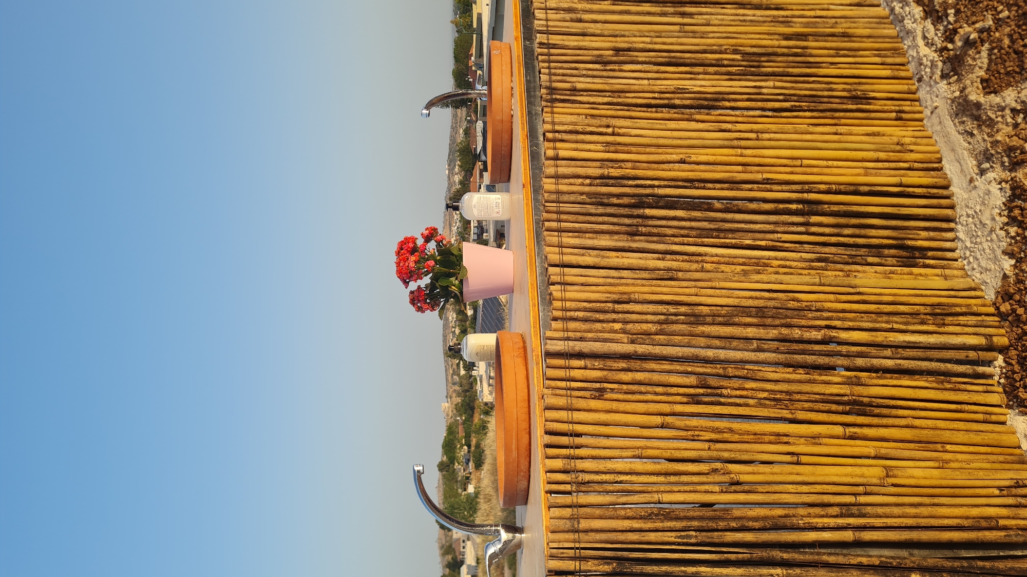 The image shows a rooftop scene in Lachish Regional Council, Israel. In the foreground, there is a bamboo structure with two sinks and faucets. Between the sinks, there is a pink pot with red flowers and two soap dispensers. In the background, there is a clear blue sky and a landscape with buildings and trees.