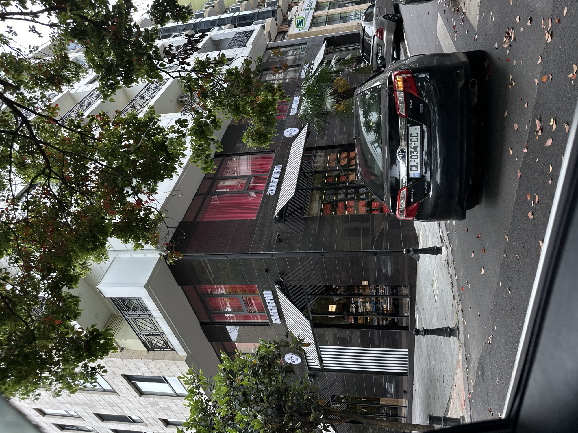 The image depicts a street scene in Batumi, Georgia. A black Toyota Camry is parked on the right side of the frame. The car's license plate is visible, reading "CL-034-CC." The vehicle is parked in front of a multi-story building. The building has a black facade with striped awnings and a sign written in Georgian script over the entrance. The word "GASTRONOMIA" is also visible on the building's signage. A tree with green leaves is on the left side of the frame, partially obscuring the building. The street is paved and scattered with fallen leaves. Another car is partially visible in the background. The overall impression is of an urban environment on an overcast day.